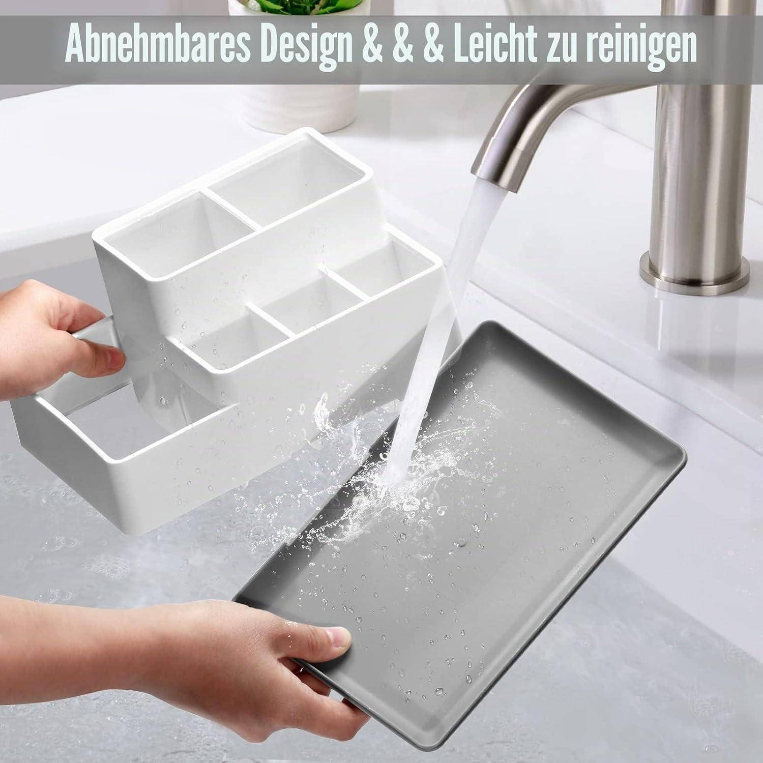 Hände waschen einen weißen Kunststoff-Besteckhalter und ein graues Tablett unter fließendem Wasser aus der Küchenarmatur; Text sagt „Abnehmbares Design & & Leicht zu reinigen