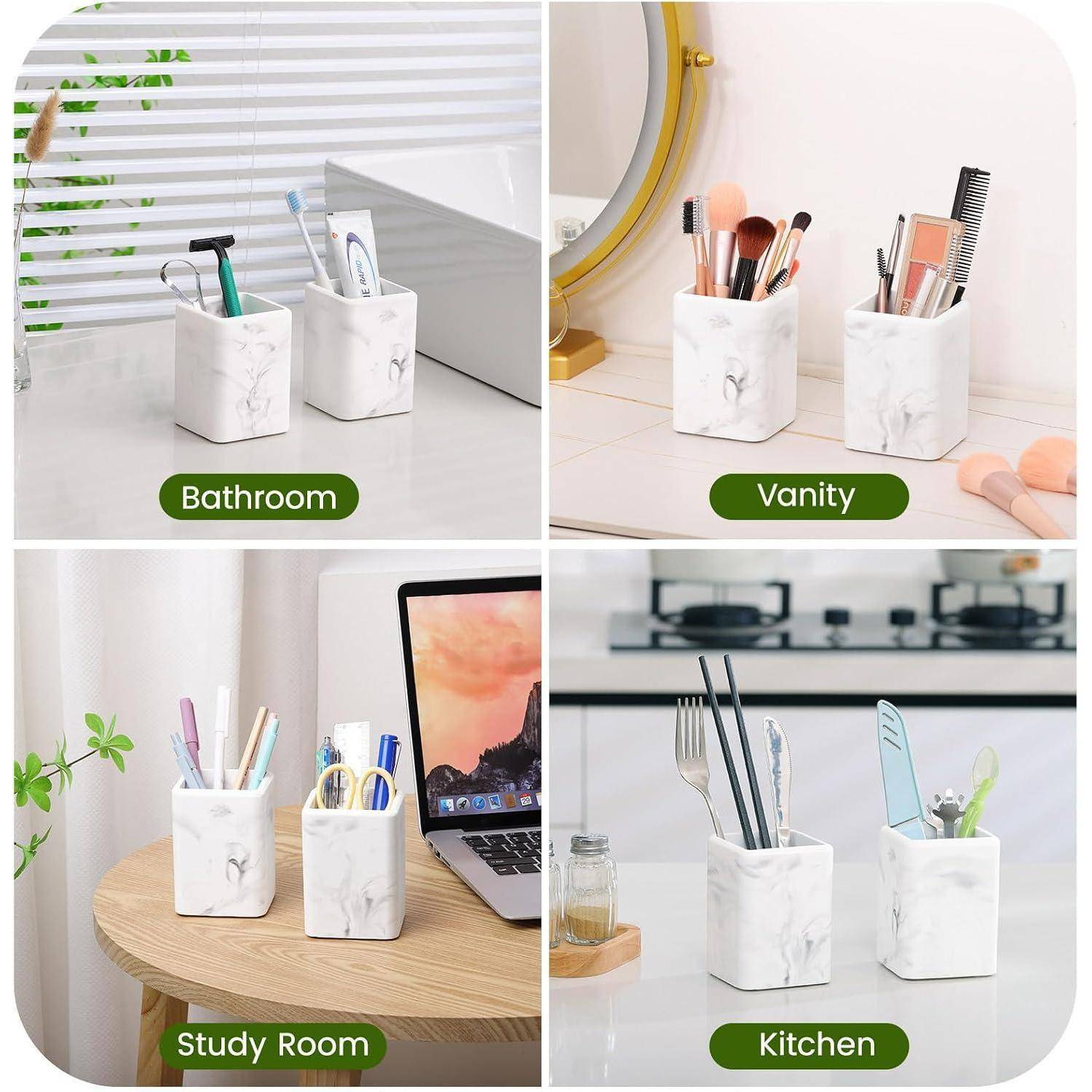 Vier-teiliges Produktbild von quadratischen Organisern mit Marmor-Optik in Weiß, die im Badezimmer, auf der Frisierkommode, im Arbeitszimmer und in der Küche verwendet werden, um Toilettenartikel, Make-up, Schreibwaren und Utensilien aufzubewahrenizia.