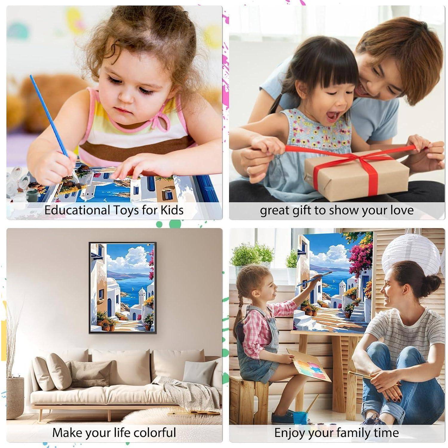 Vierteiliges Fotocomposé: Kinder malen und packen Geschenke aus, ein helles Meereslandschaftsbild in einem Wohnzimmer und eine Kunst-Aktivität zwischen Eltern und Kind, mit Bildunterschriften, die Spielzeug, Geschenke, bunte Deko und gemeinsame Zeit mit der Familie fördern.