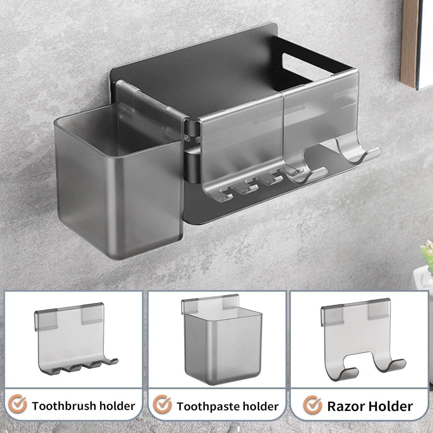 An der Wand montierter Badezimmerorganizer mit einem Behälter und Haken, dargestellt als modularer Halter für Zahnbürsten, Zahnpasta und Rasierer.