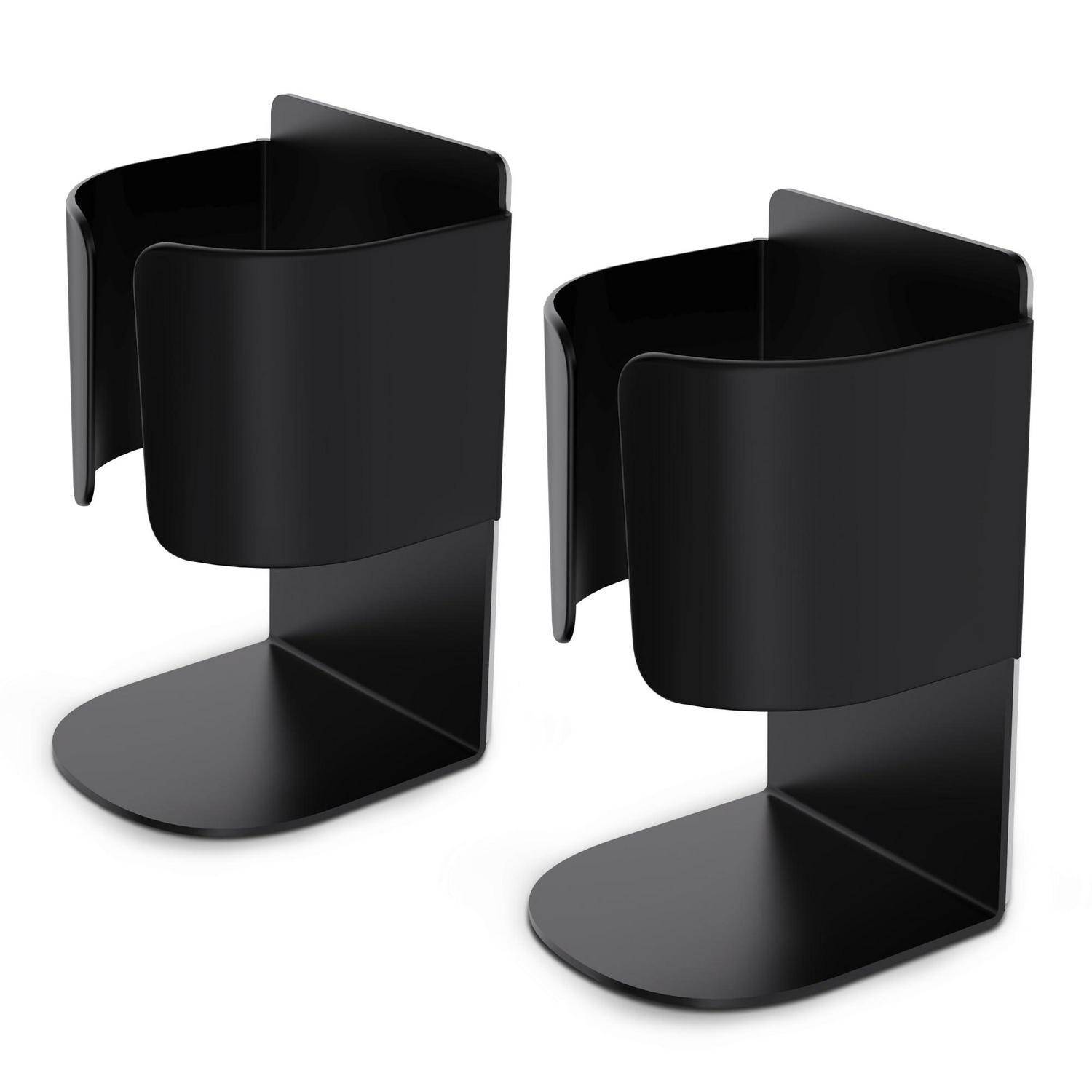 Zwei schwarze Metall-Clip-On-Organizer oder Getränkehalter mit gebogenen vorderen Ärmeln und flachen runden Basen, nebeneinander auf weißem Hintergrund dargestellt.
