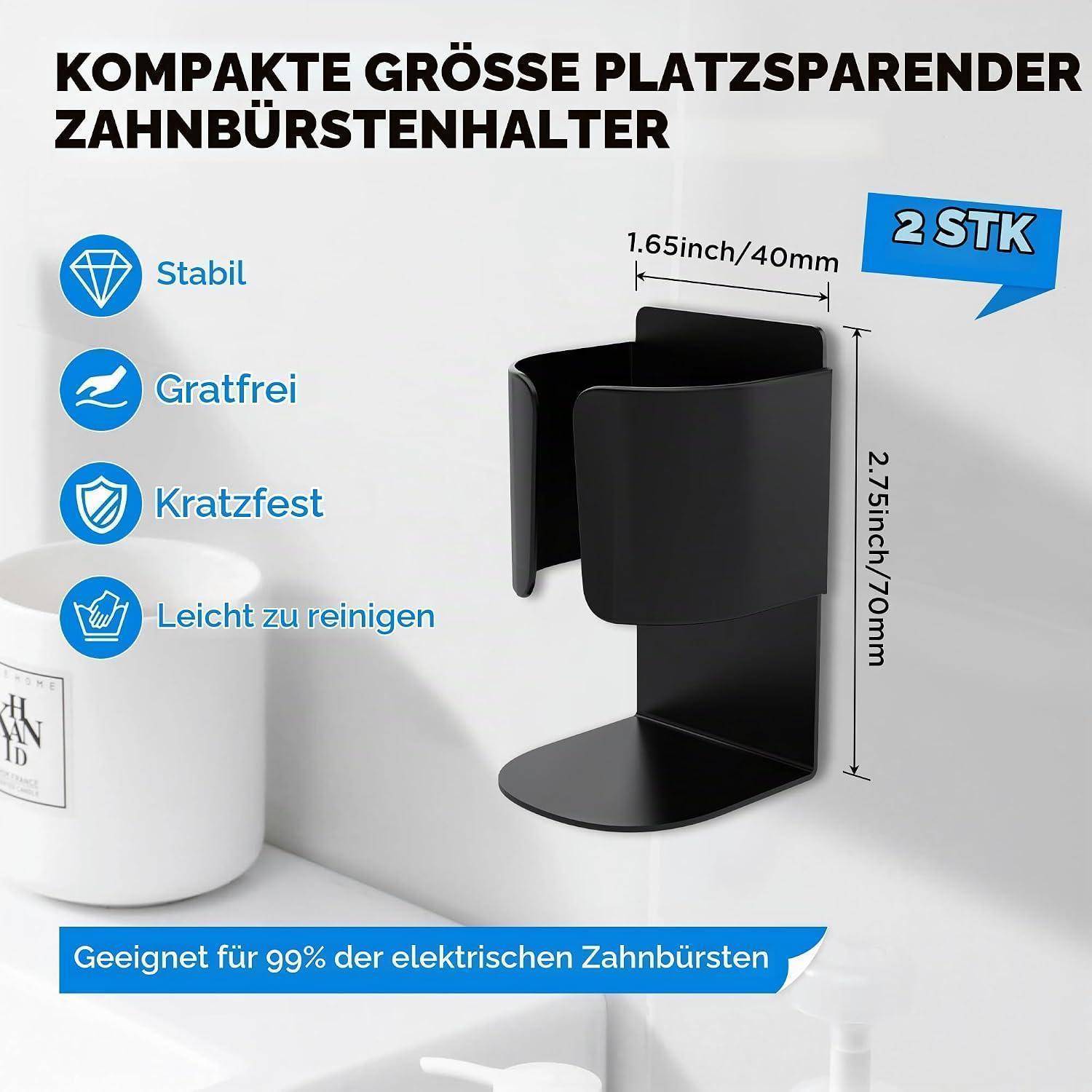 Schwarzer kompakter Zahnbürstenhalter mit den Abmessungen 1,65 Zoll/40 mm x 2,75 Zoll/70 mm, gekennzeichnet mit „2 STK