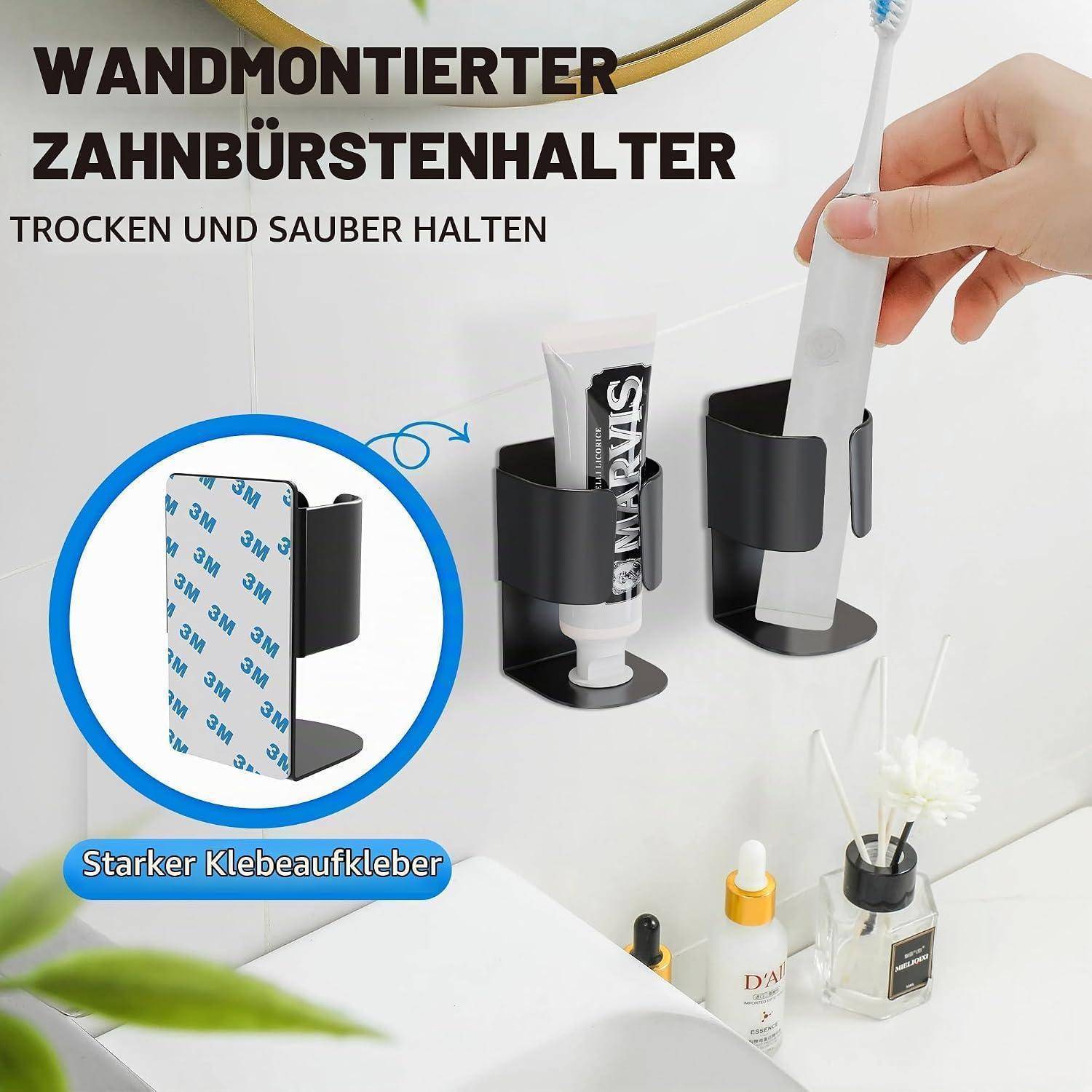 Wandmontierter Zahnbürstenhalter, der Zahnbürsten trocken und sauber hält, gezeigt mit starker Klebeschicht auf der Rückseite und einer Hand, die eine Zahnbürste einführt.