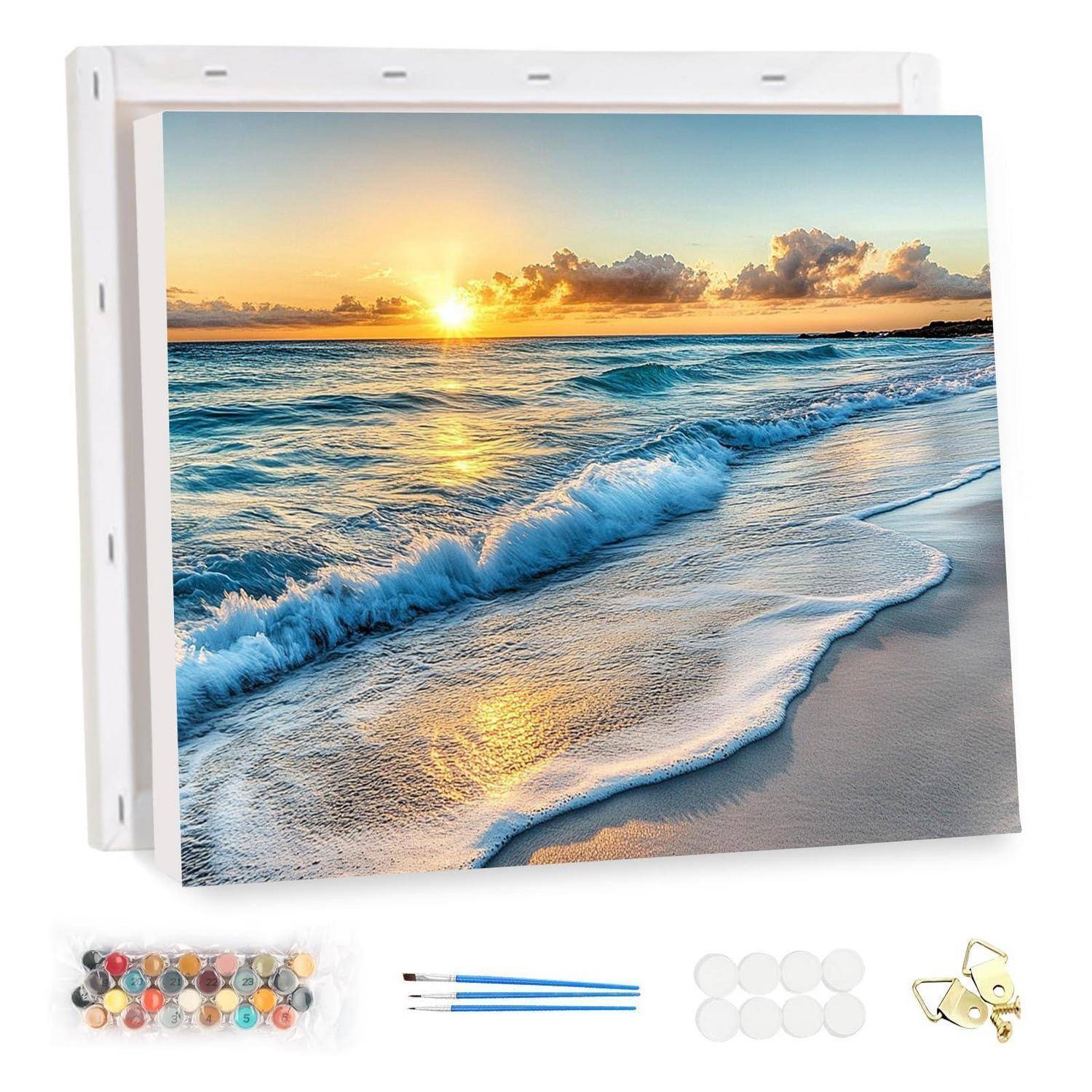 Gespannte Leinwand-Wandkunst eines Sonnenuntergangs am Strand mit Wellen, dargestellt mit Aufhängehardware und Wandmontage-Zubehör darunter.