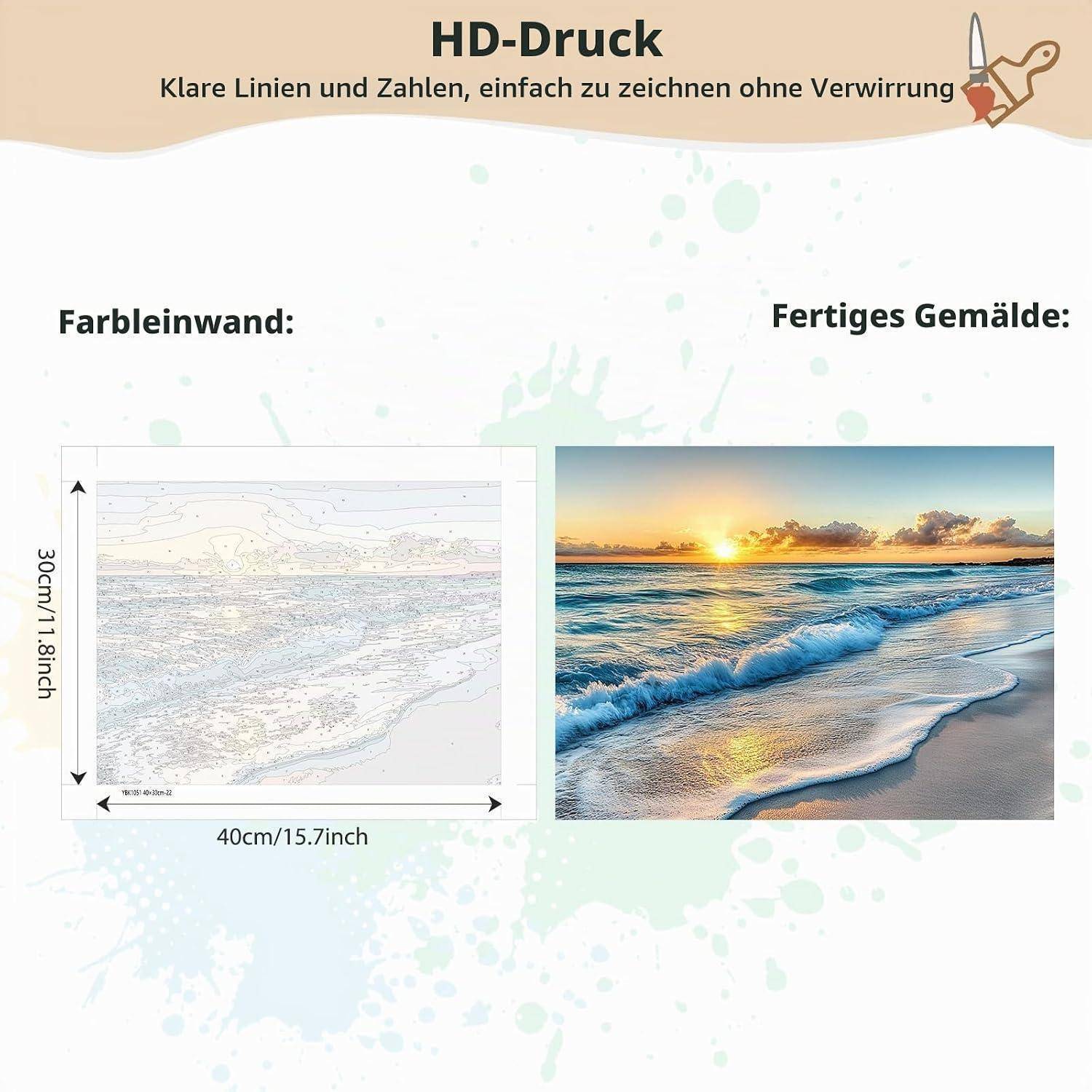 Werbegrafikfür HD-Druck mit einer Strichzeichnungs-Leinwand auf der linken Seite und dem fertigen Gemälde eines Ozeansonnenuntergangs auf der rechten Seite, Größe 40 cm x 30 cm.