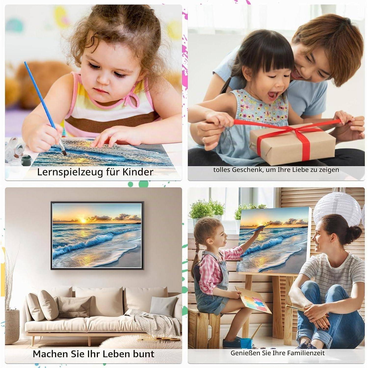 Collage aus vier Szenen: ein Kind beim Malen, ein Elternteil und Kind beim Auspacken eines Geschenks, ein gerahmtes Strandgemälde in einem Wohnzimmer und ein Kind beim Malen mit einem Elternteil in der Nähe.