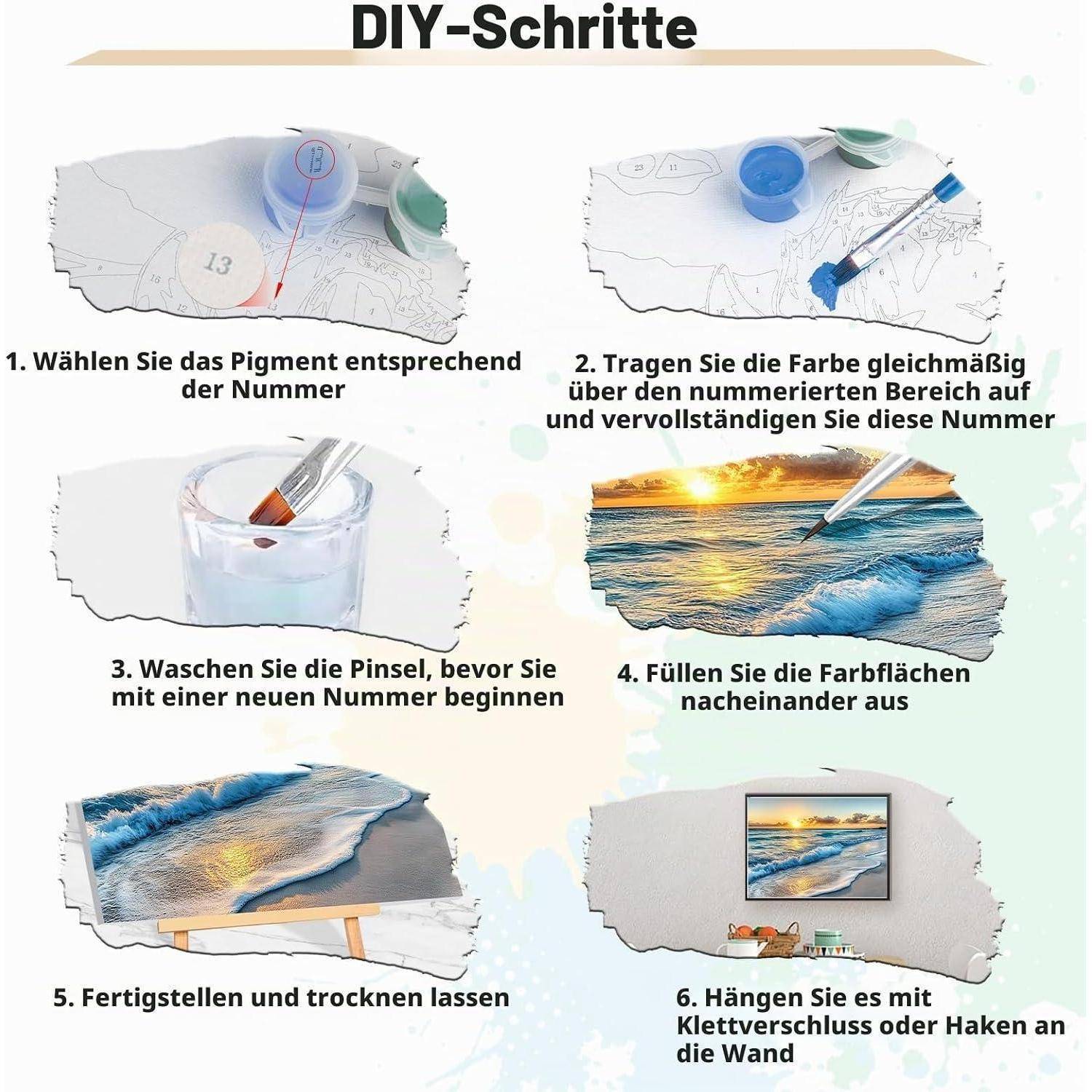 DIY-Anleitung für ein nummiertes Malen-nach-Zahlen Seelandschaftsbild: Pigmente der Nummer zuordnen, Abschnitte bemalen, Pinsel auswaschen, Flächen ausfüllen, fertigstellen und an die Wand hängen.