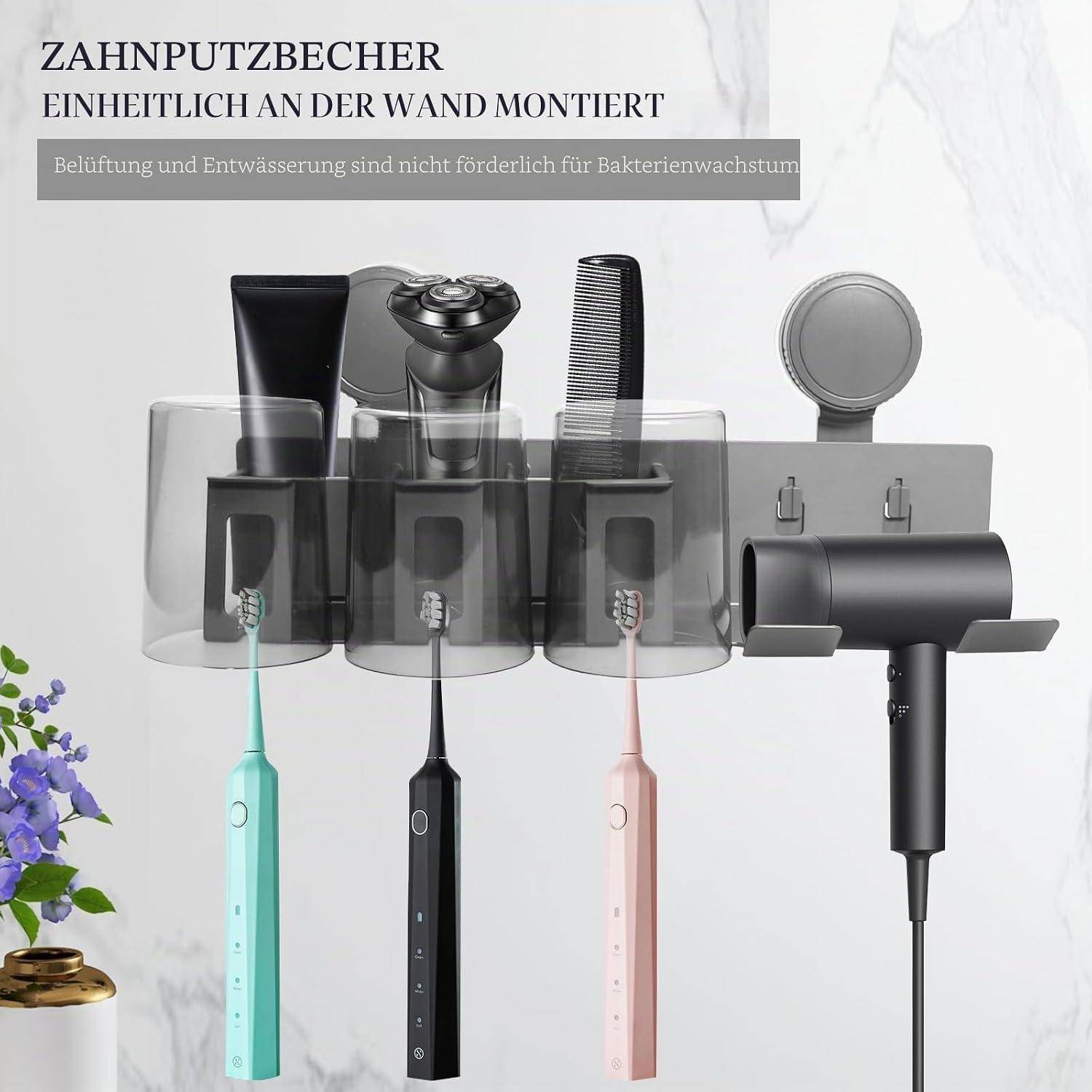Wandmontierter Zahnbürstenhalter mit Abdeckungen und Steckplätzen für elektrische Zahnbürsten, einen Kamm und einen Spiegel; der deutsche Text besagt, dass er gleichmäßig wandmontiert ist und Belüftung/Drainage helfen, das Bakterienwachstum zu verhindern.