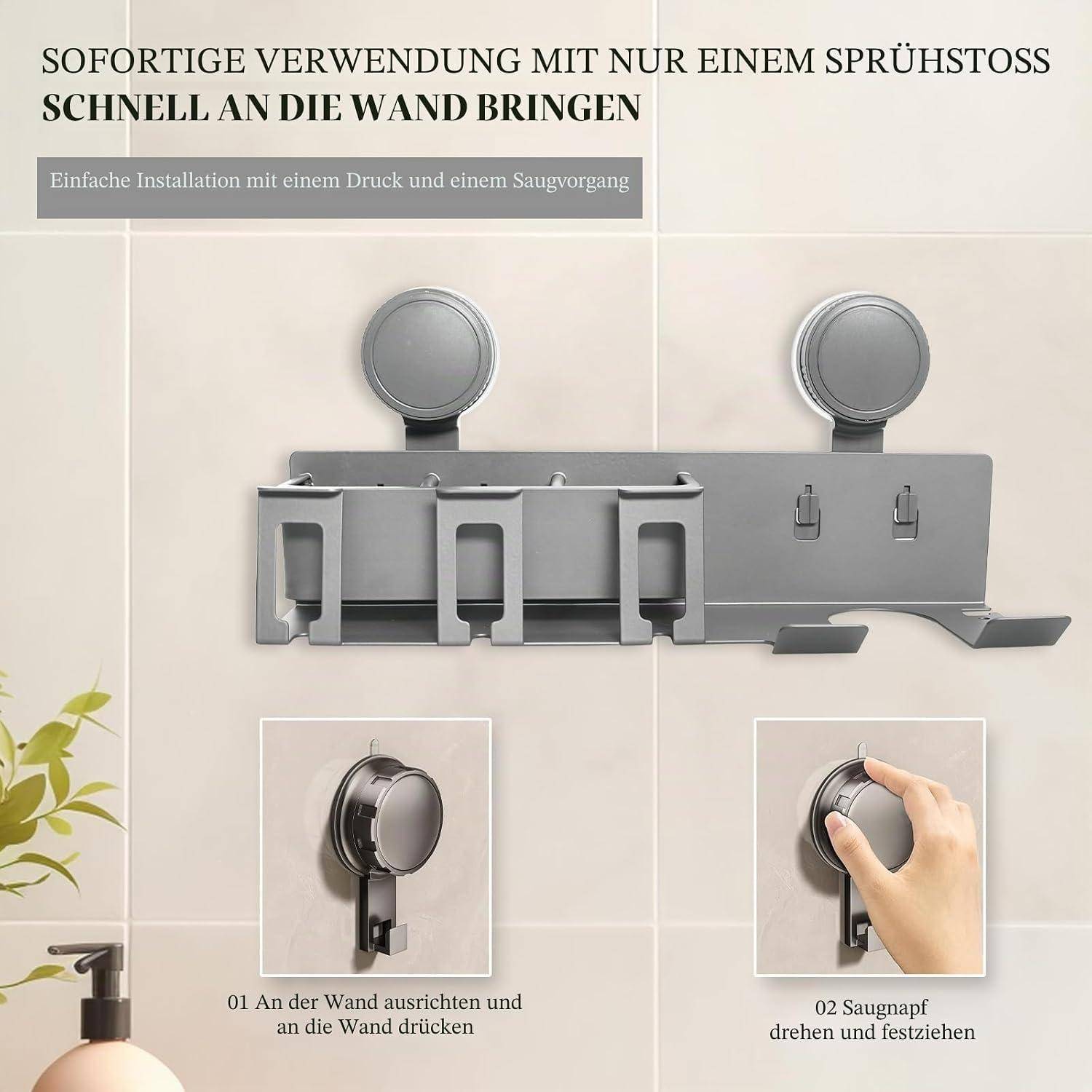 Anleitungsgrafik mit einer wandmontierten Saugnapf-Hakenstange: an der Wand ausrichten und andrücken, dann Saugnäpfe drehen, um zu befestigen.
