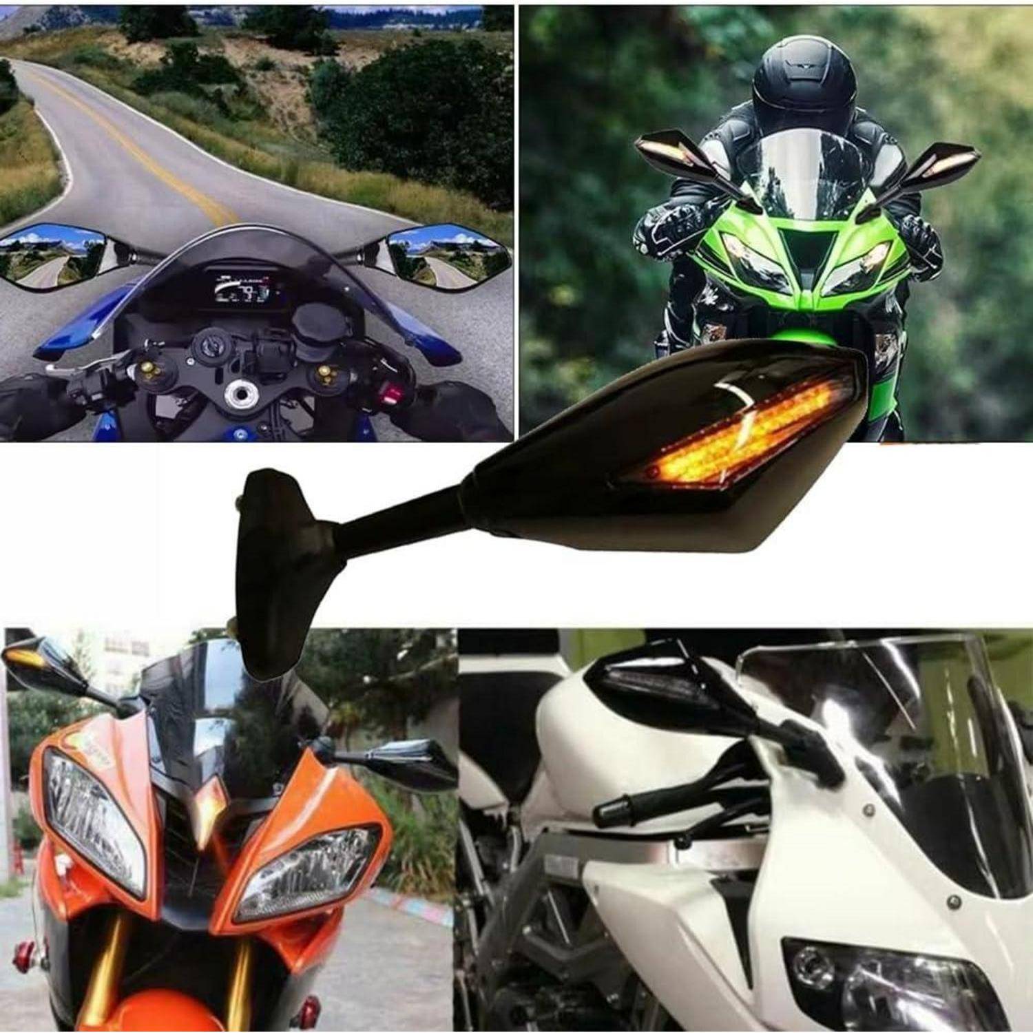 Collage aus Motorrad-Rückspiegeln und einem bernsteinfarbenen LED-Blinker-Spiegel an Sportmotorrädern, das das Zubehör auf verschiedenen Motorrädern montiert zeigt.