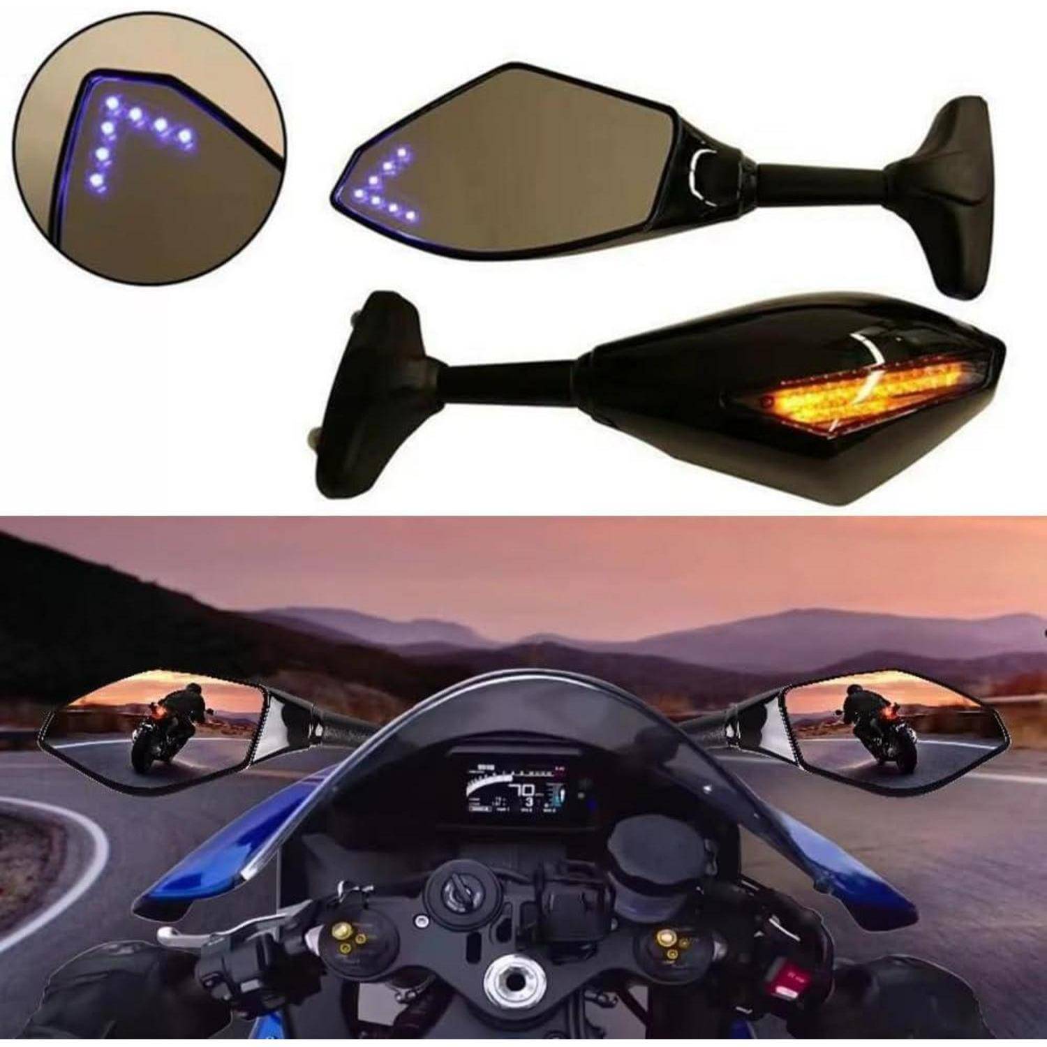 Motorrad-Rückspiegel mit integrierten LED-Blinker, in Nahaufnahme dargestellt und an einem Sportmotorrad mit beleuchteten Spiegeln auf einer kurvigen Straße montiert.