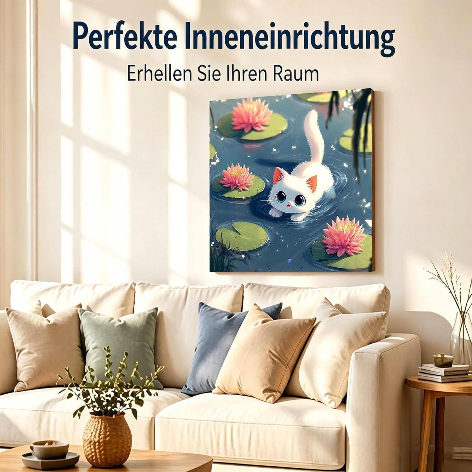 Modernes Wohnzimmer mit cremefarbenem Sofa und Kissen unter einer Wandkunst einer weißen Katze in Seerosen; Deutscher Text liest „Perfekte Inneneinrichtung