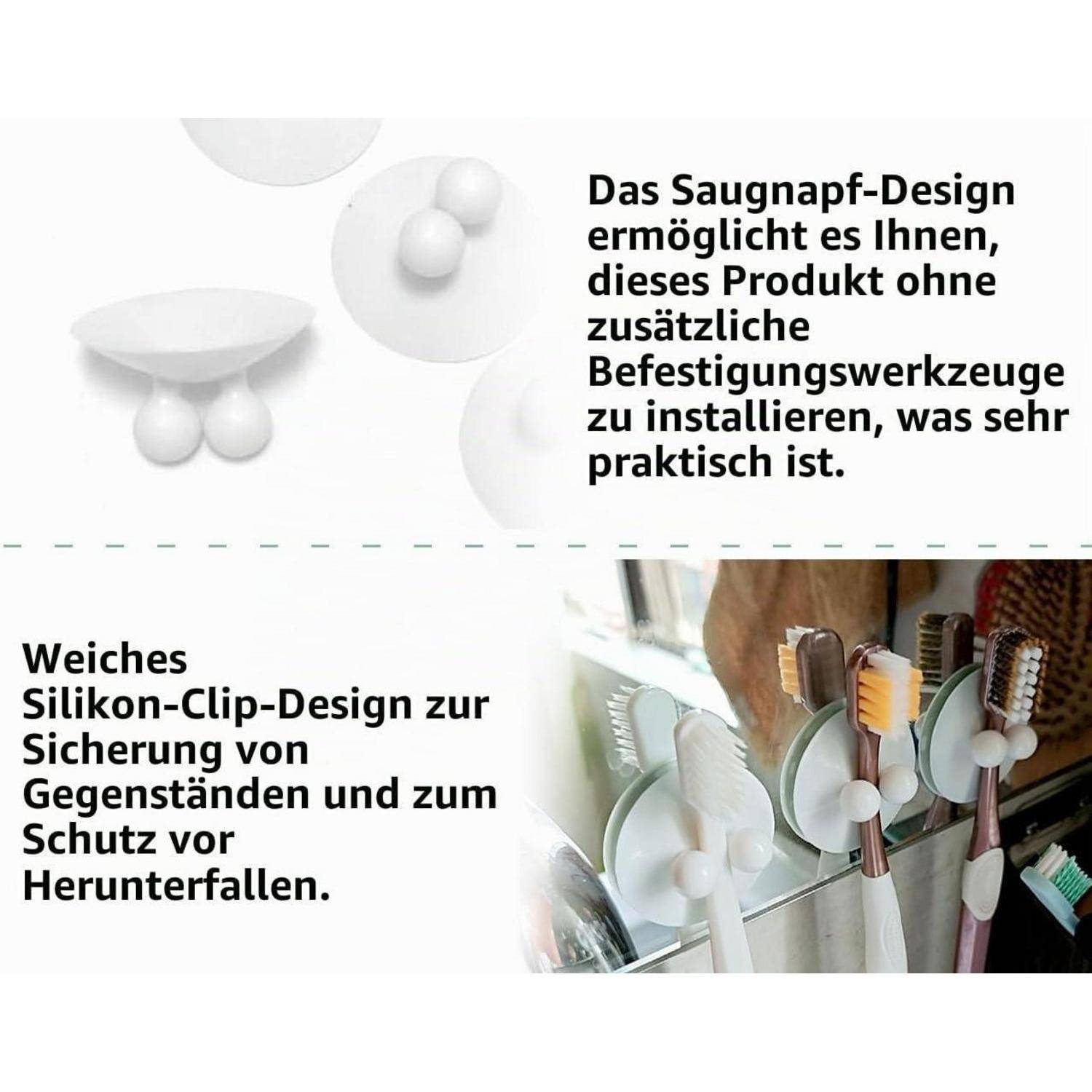 Weiße Silikonbefestigung mit Saugnapf-Klipp-Design, das zeigt, wie sie Gegenstände hält. Der deutsche Text erklärt, dass sie ohne Werkzeuge installiert wird und hilft, zu verhindern, dass Objekte herunterfallen.