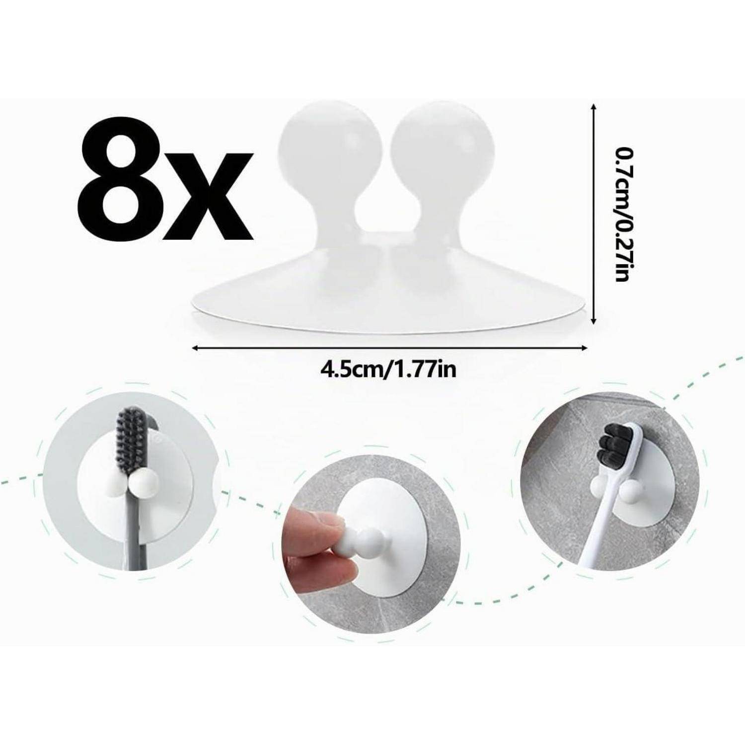 8er-Pack Klebebefestigung Wandhaken, weiße Saugnapf-Ausführung, 4,5 cm breit und 7 cm hoch, zeigt das Halten einer Bürste, Fingerdruck und hängenden Utensilien