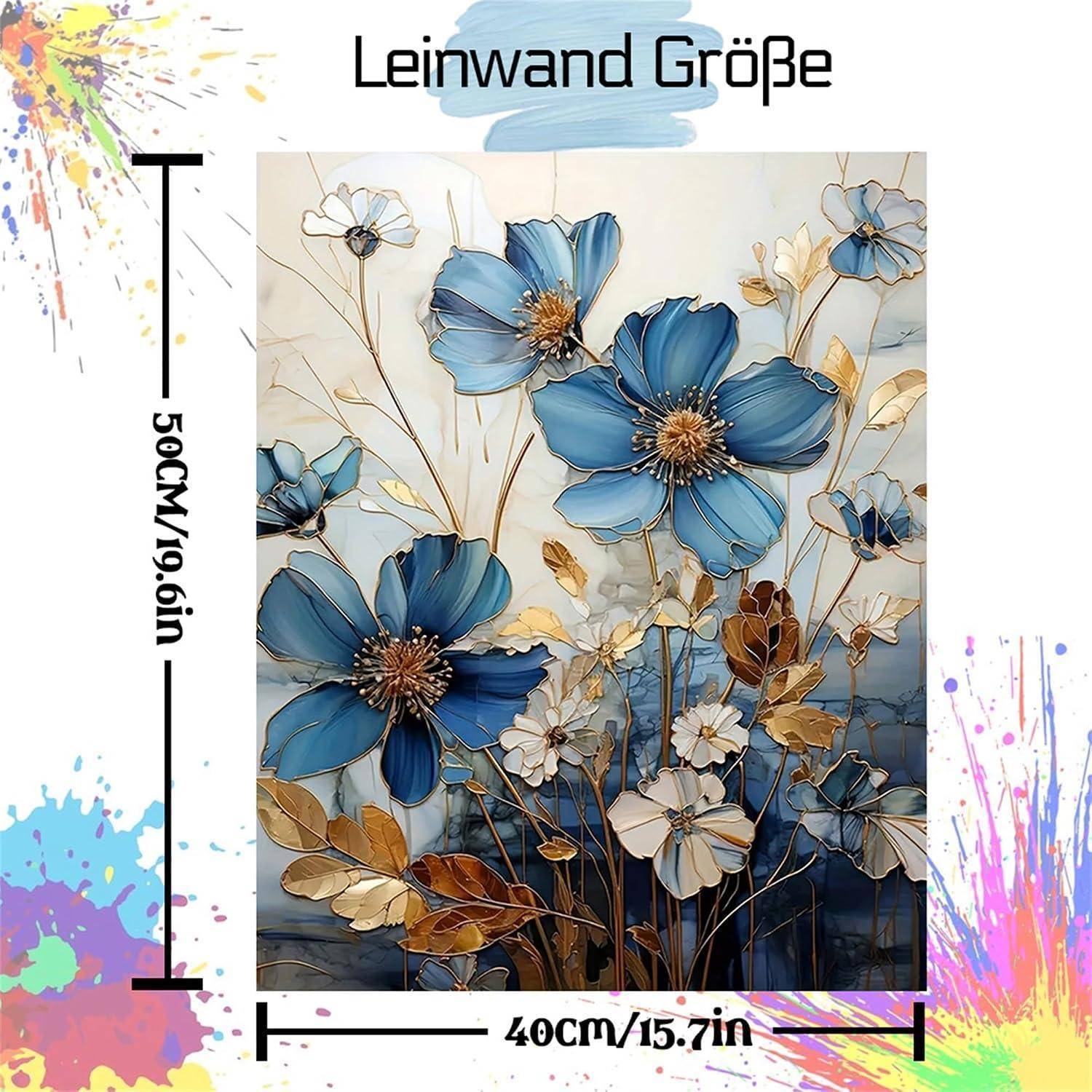 Blauer Blumen-Leinwand-Mockup mit der Bezeichnung „Leinwand Größe