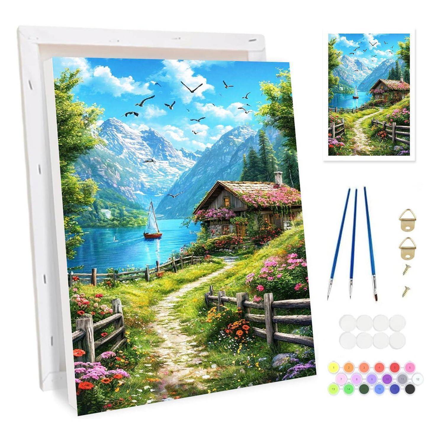 Diamantmalerei-Set mit einer Lakeside-Berghütten-Szene mit Segelboot, Blumen, Pinseln, Werkzeugen und enthaltenen Edelsteinfarben.