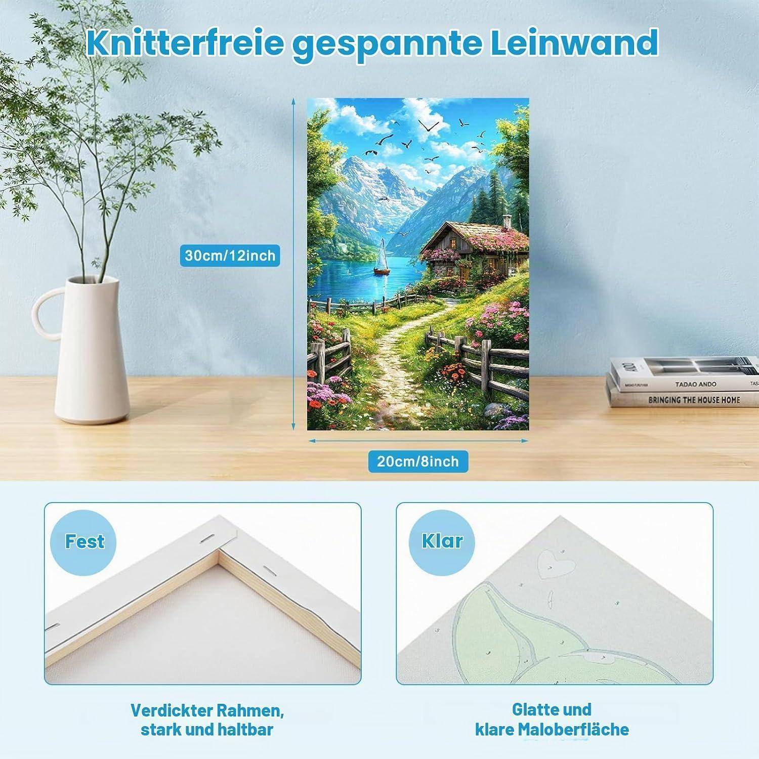 Produktanzeige mit einem aufgezogenen Leinwanddruck, 30 cm × 20 cm, mit einem Landschaftsgemälde; eingefügte Beschriftungen heben einen dicken Rahmen und eine glatte, klare Oberfläche hervor.