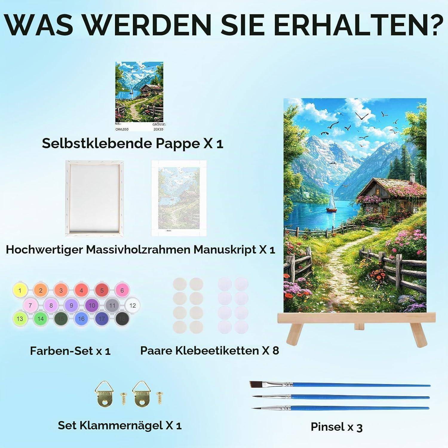 DIY Malen-nach-Zahlen-Set-Inhalte abgebildet: Klebstoff-Leinwand, Holzrahmen, Farbset, 8 Aufkleber-Paare, Aufhänge-Clips und Nägel sowie 3 Pinsel mit Beispiel-Landschaftsgemälde.