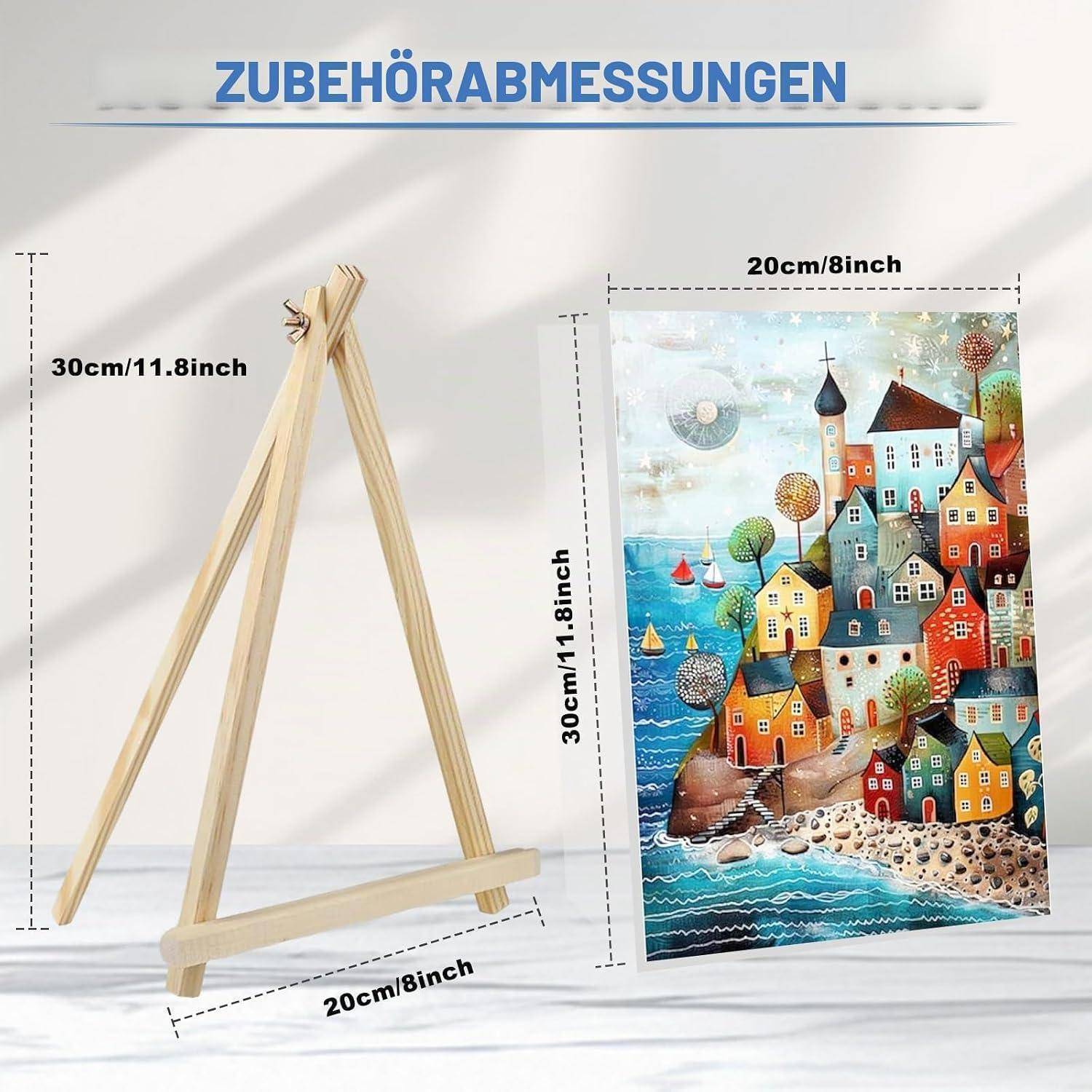 Abmessungen einer Holzstaffelei und Beispielkunstwerk: Staffelei 30 cm hoch, 20 cm breit; ausgestelltes Gemälde 30 x 20 cm.
