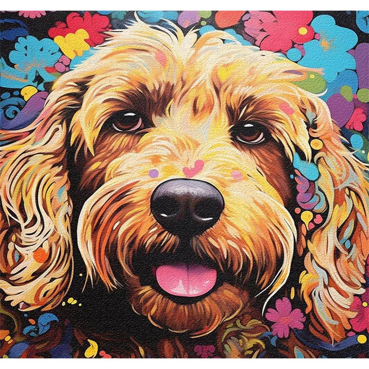 Farbenfrohe Pop-Art-Stil Nahaufnahme des Gesichts eines zottigen Hundes mit herausgestreckter Zunge, umgeben von hellen Blumensplashern auf dunklem Hintergrund.