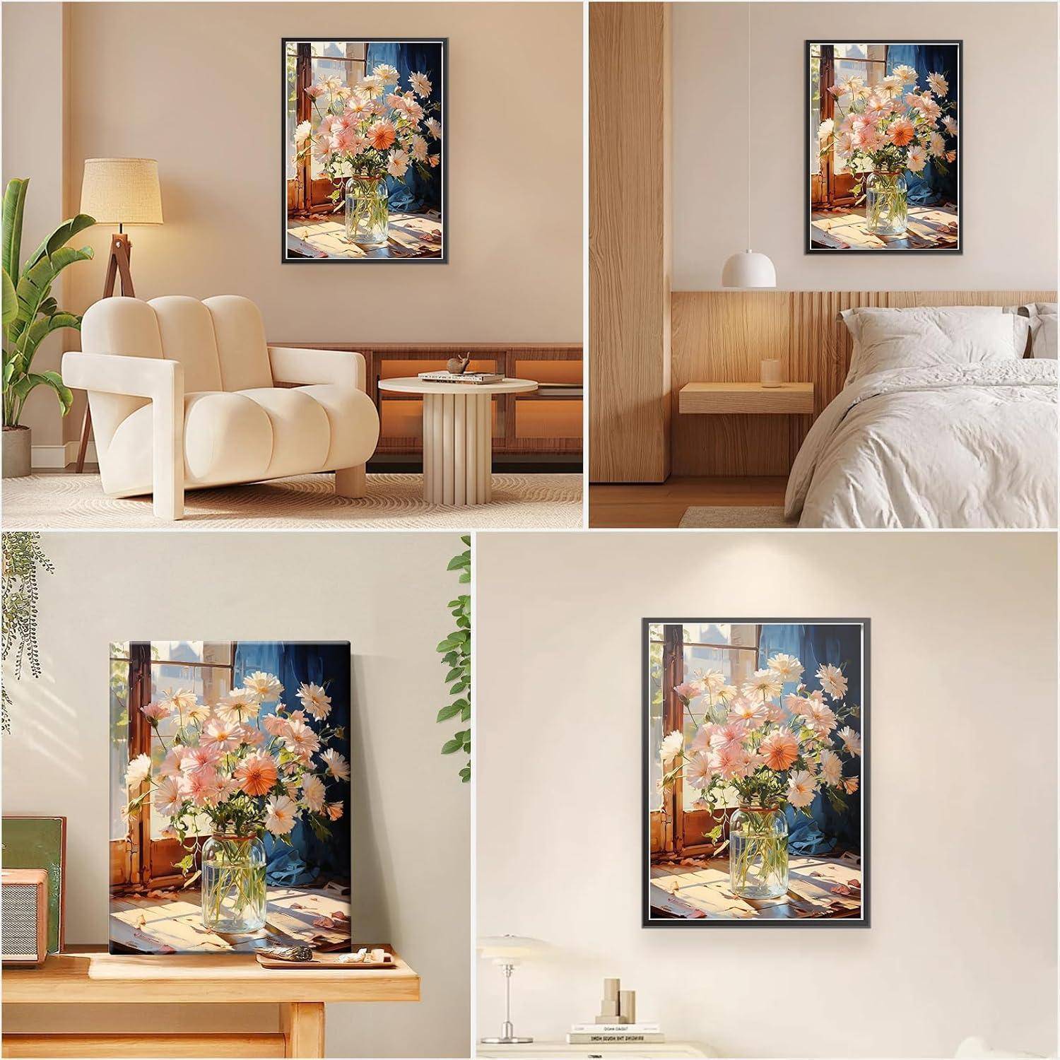 Collage, das dieselbe Blumenwandkunst in vier modernen Räumen zeigt, darunter ein Wohnzimmer, Schlafzimmer und ein Sideboard, das ihre dekorative Verwendung hervorhebt.
