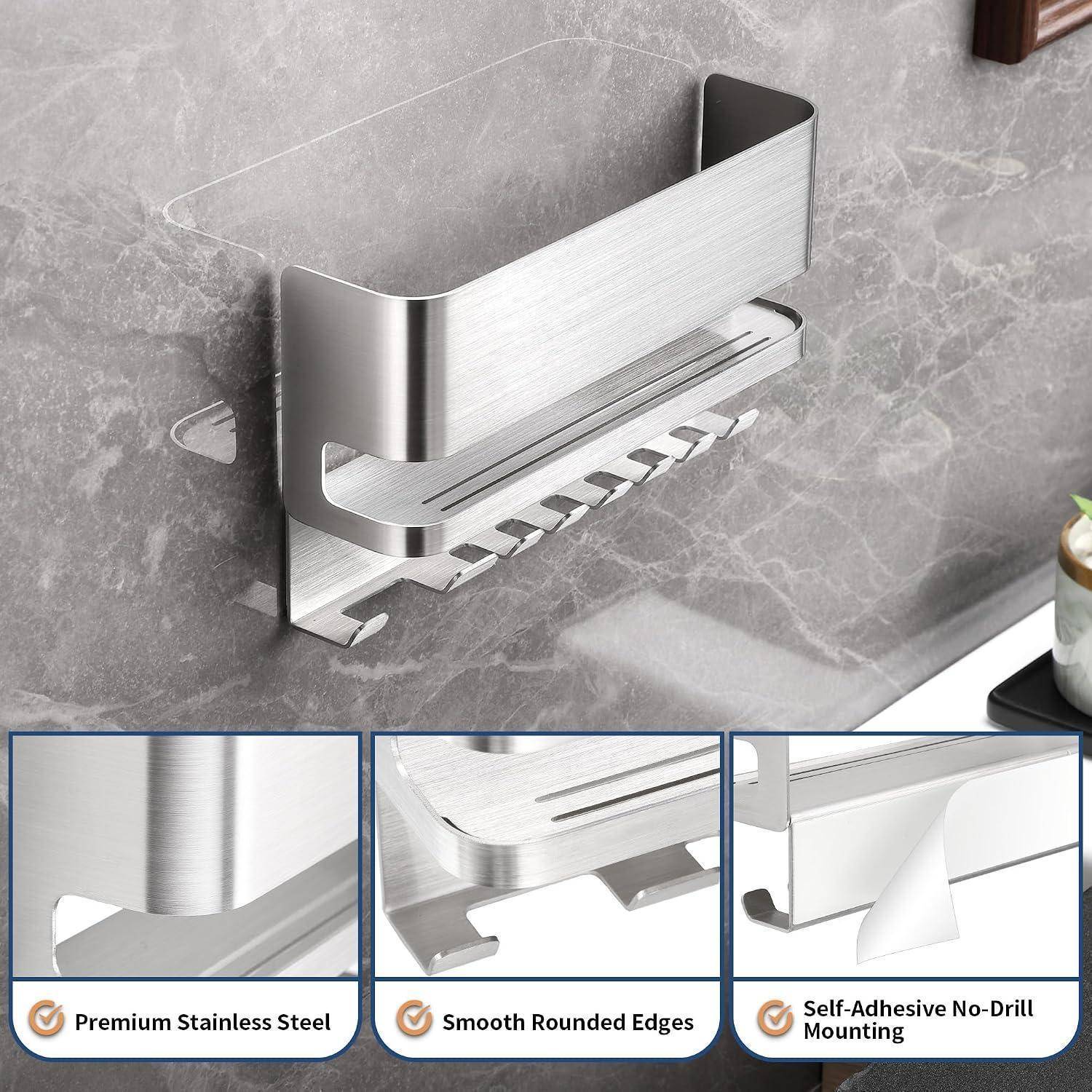 Aus Edelstahl gefertigtes, wandmontiertes Badezimmerregal mit erhöhter Handtuchstange und bohrfreier, selbstklebender Befestigung; Nahaufnahmen zeigen abgerundete Kanten und Oberflächenfinish.