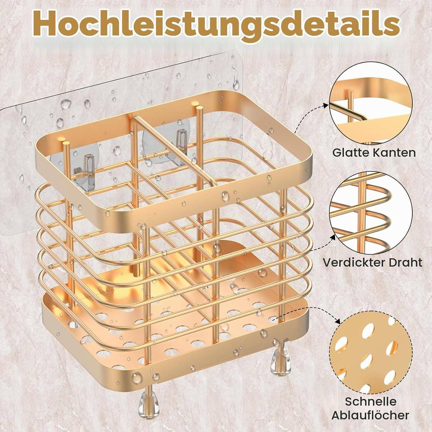 Goldfarben metallener Drahtkorb mit glatten Kanten, dickem Draht und schnellen Ablauflöchern, dargestellt mit deutschen Beschriftungen „Glatte Kanten