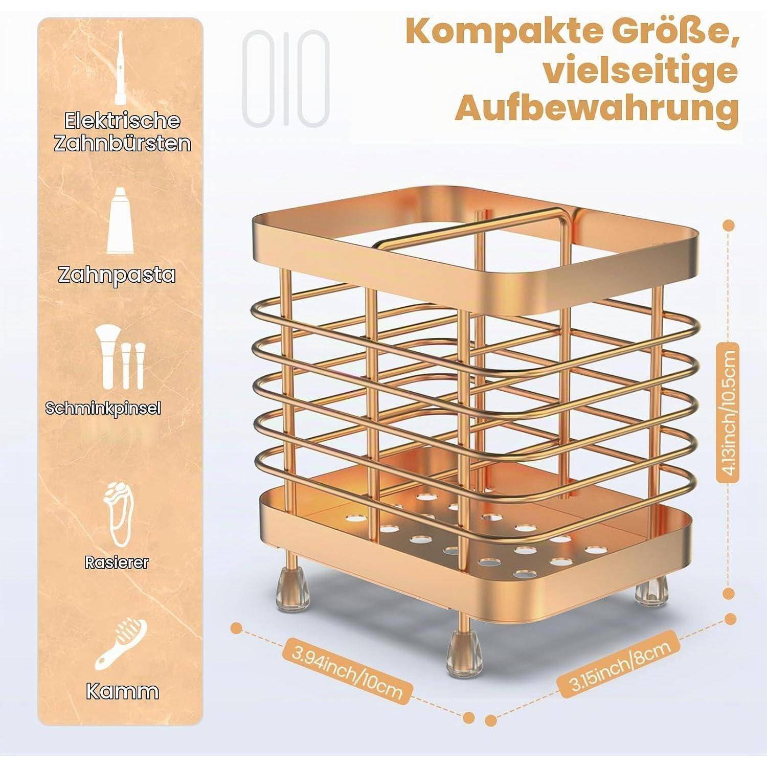 Goldfarbener Badezimmer-Arbeitsplatte-Organizer mit Drahtseiten und Tablett, gekennzeichnet als kompakter Mehrzweck-Stauraum für elektrische Zahnbürsten, Zahnpasta, Bürsten, Rasierer und Kamm; Abmessungen angezeigt.