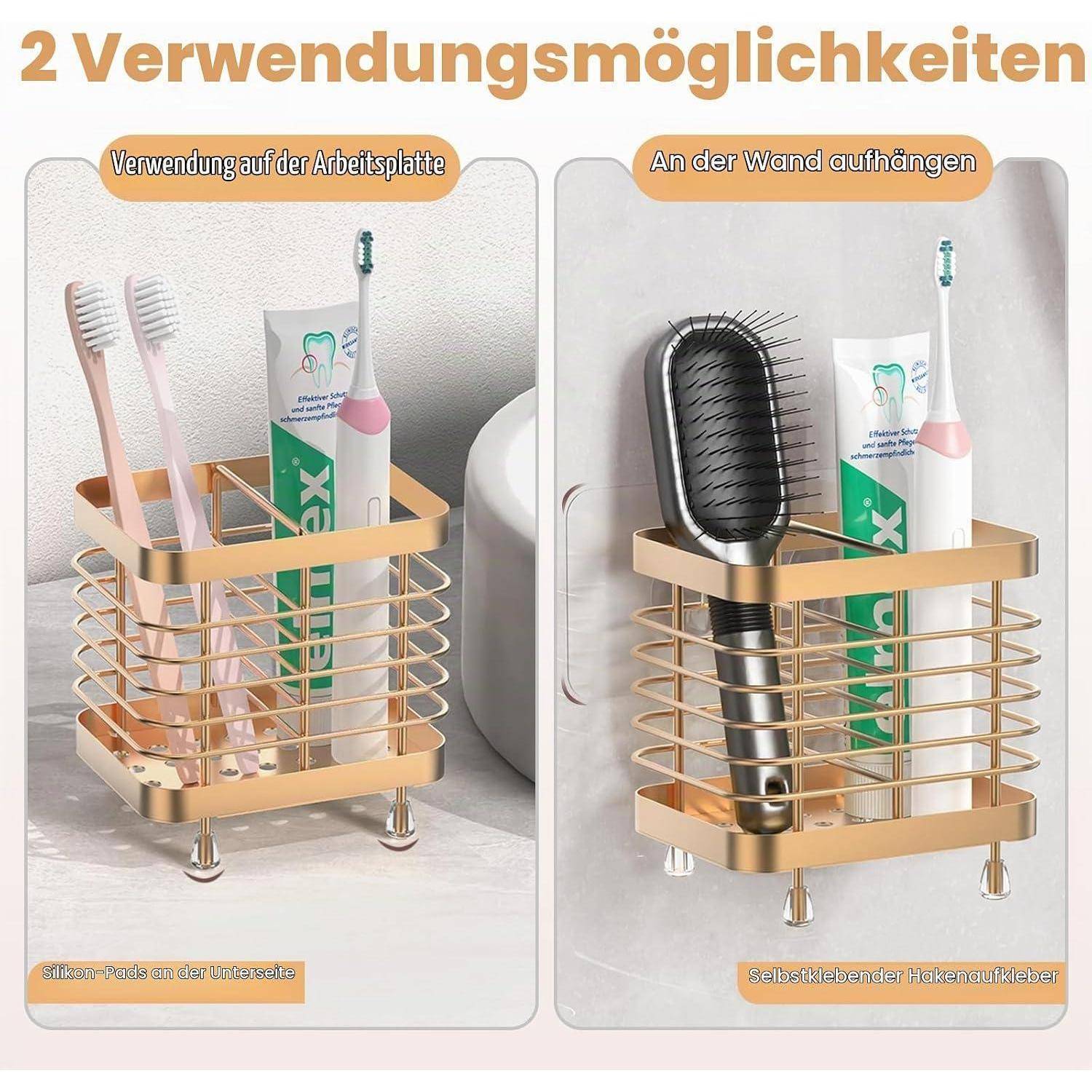 Grafik mit 2 Verwendungsmöglichkeiten für einen goldenen Draht-Badezimmerorganizer: auf der Arbeitsplatte zur Aufbewahrung von Zahnbürsten und Zahnpasta oder an der Wand montiert zur Aufbewahrung einer Haarbürste und Zahnpasta.