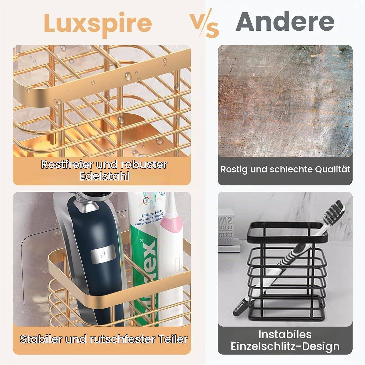 Vergleichsgrafik von Luxspire mit anderen: Luxspire zeigt rostfreien Edelstahl und ein stabiles, rutschfestes Fach; das andere zeigt rostige, minderwertige, instabile Einfach-Slot-Konstruktion.