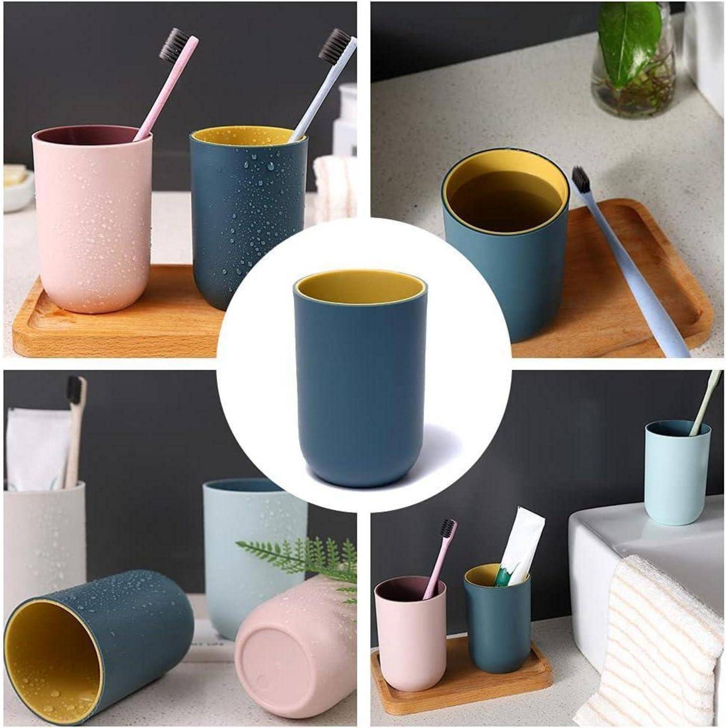 Kollage von bunten strukturierten Zahnbürstenbechern mit Zahnbürsten auf Tabletts und einer Arbeitsplatte, zentriert auf einen einzelnen blauen Becher.