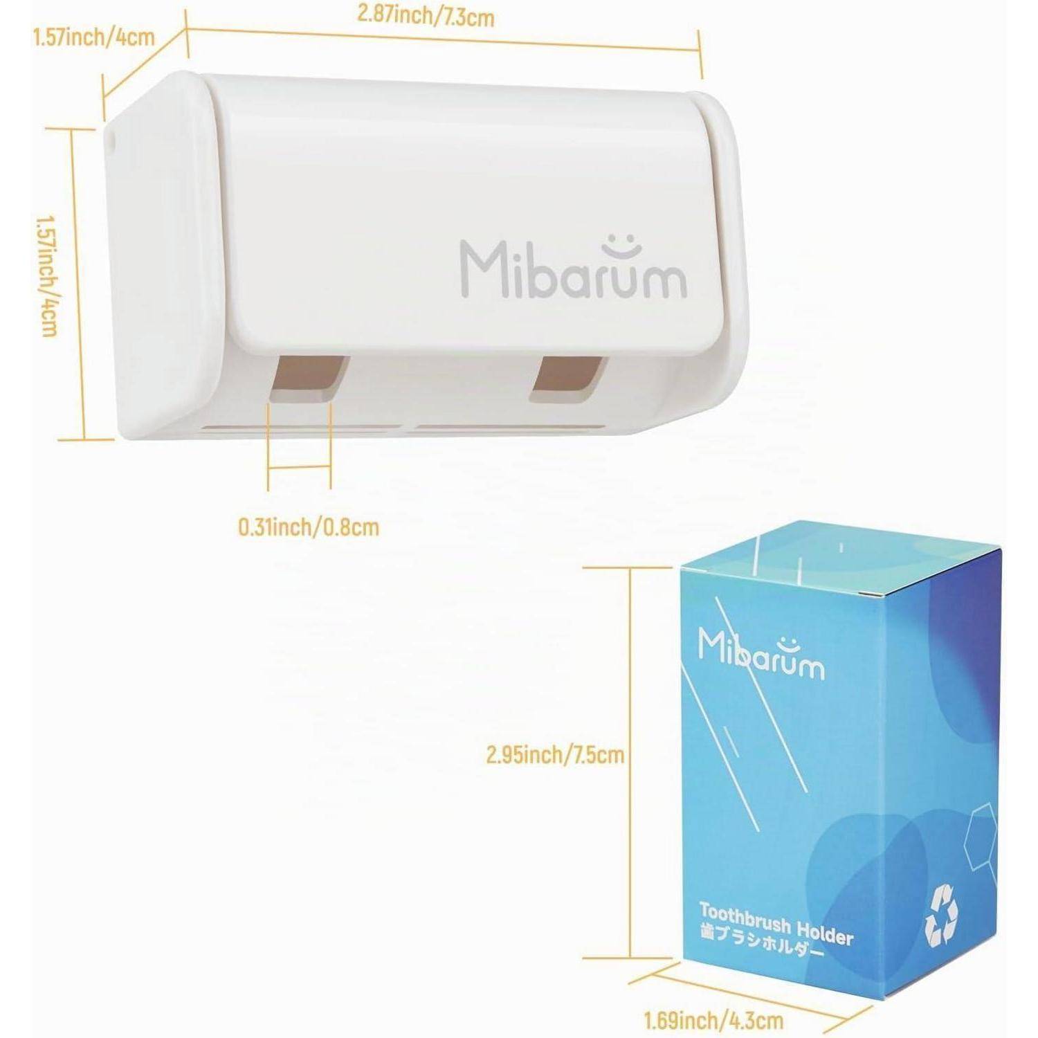 Produktbild eines Mibarum-Zahnbürstenhalters, das den weißen wandmontierten Halter und seine blaue Einzelhandelverpackung mit gekennzeichneten Abmessungen zeigt.