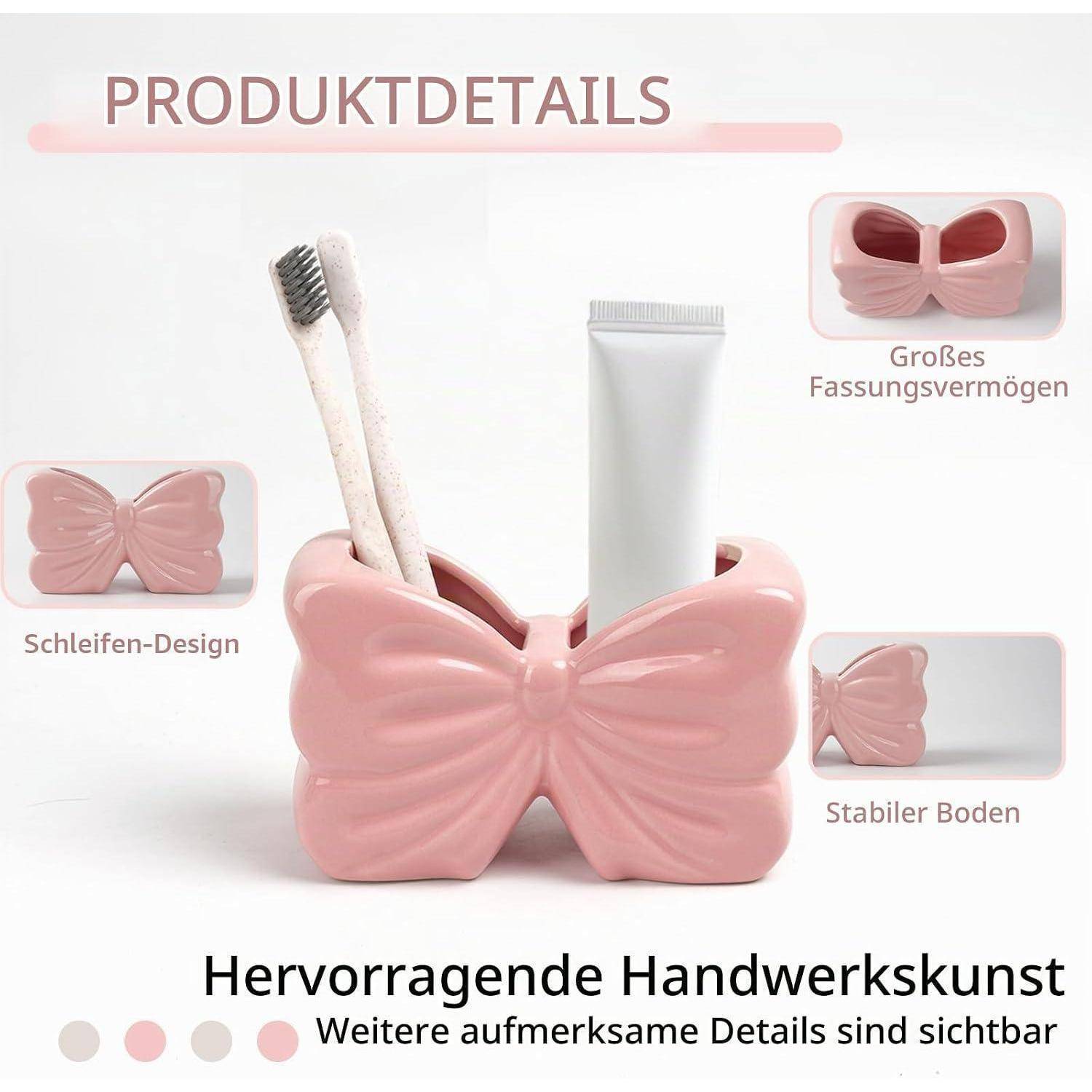 Rosafarbener bogenförmiger Zahnbürstenhalter mit großer Öffnung, hält eine Zahnbürste und eine Tube; Deutsche Produktdetails heben das Bogendesign und die stabile Basis hervor.