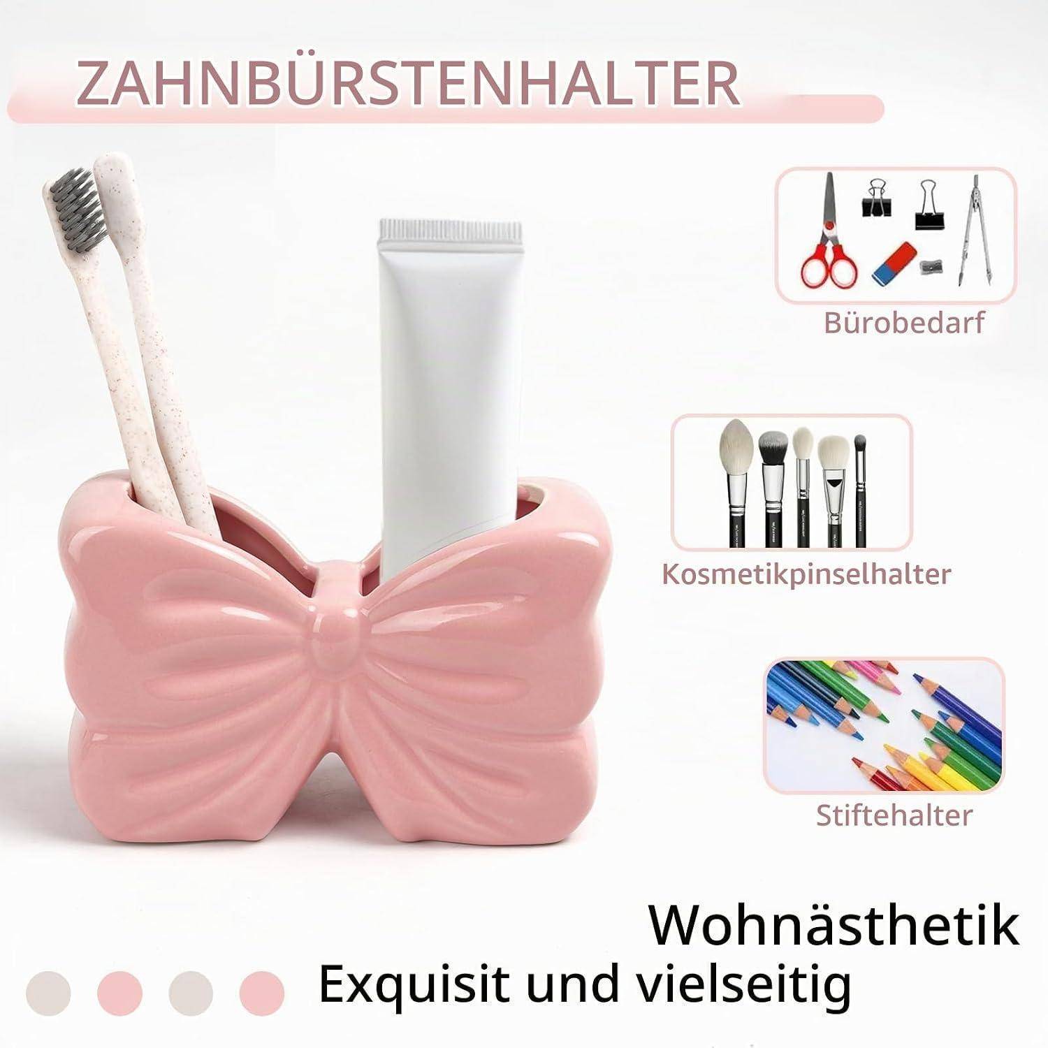 Rosa schleifenförmiger Behälter für Zahnbürsten, Kosmetik, Büromaterial und Stifte, gekennzeichnet als dekoratives Wohnaccessoire.