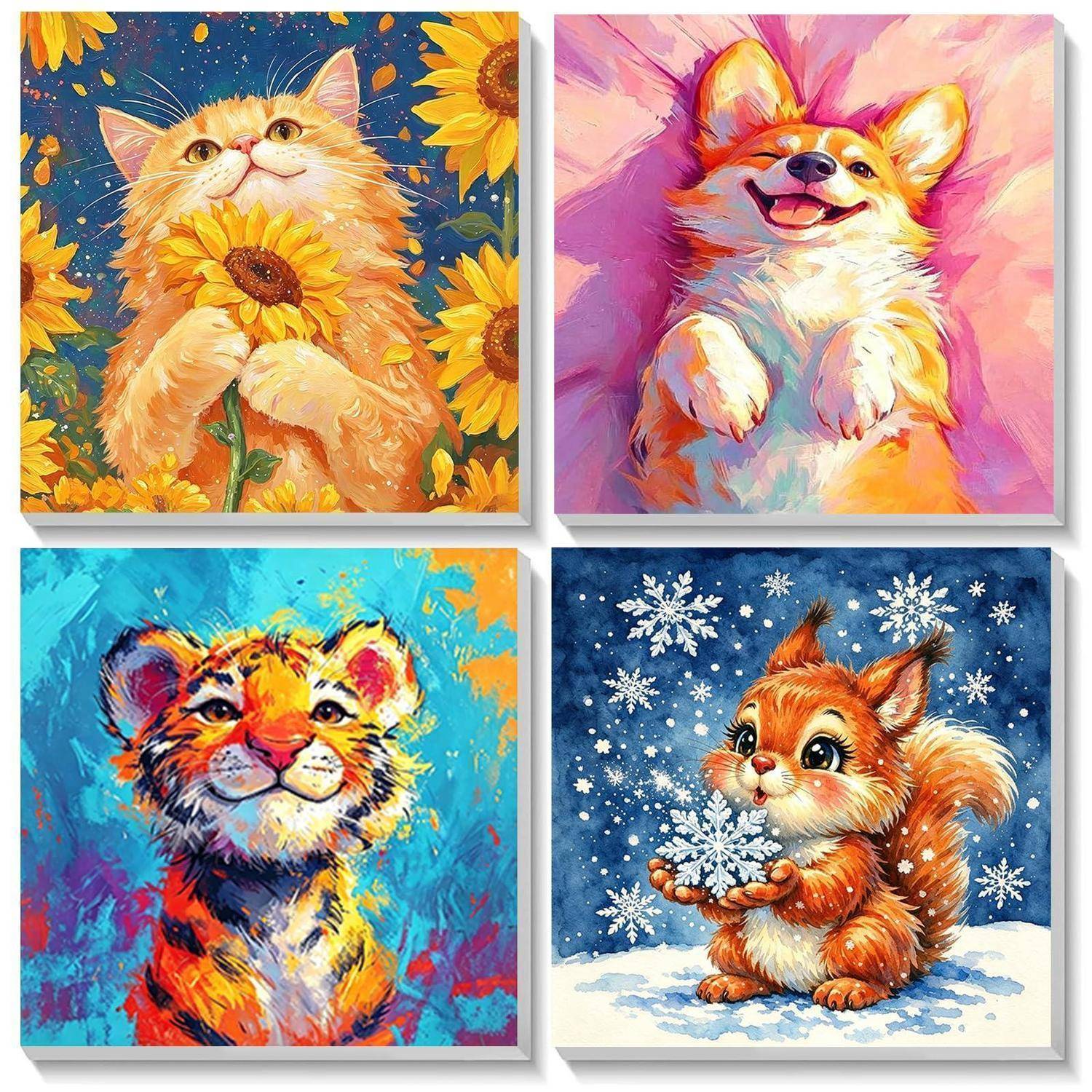 Vier farbenfrohe Tiergemälde in einem 2x2-Gitter: eine sonnenblumenbedeckte Katze, ein lächelnder Corgi, ein bemalter Tigerjunge und ein Eichhörnchen in einer schneeflockengefüllten Winterszene.