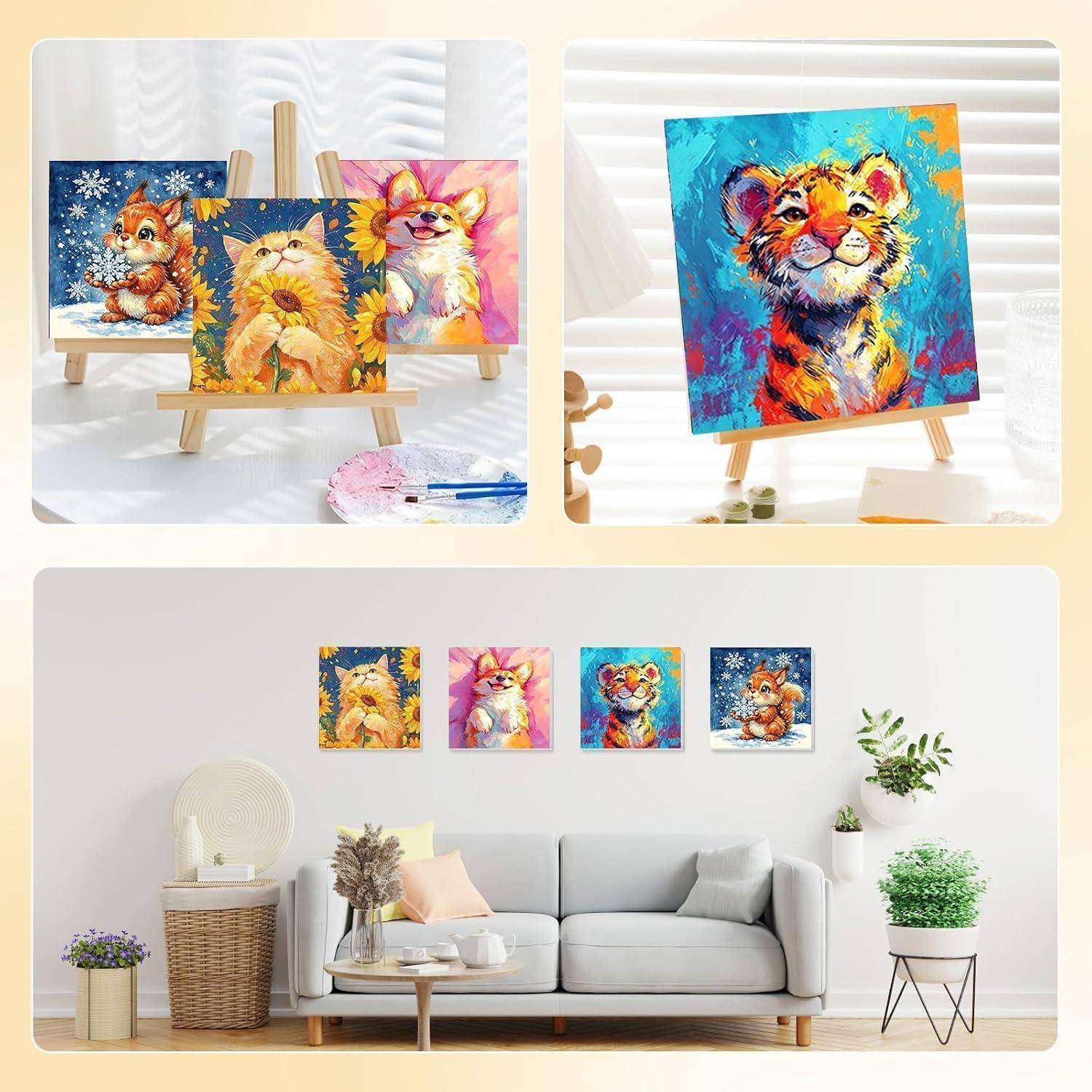 Bunte Katzengemälde auf Staffeleien und als Wandkunst in einem hellen Wohnzimmer präsentiert.