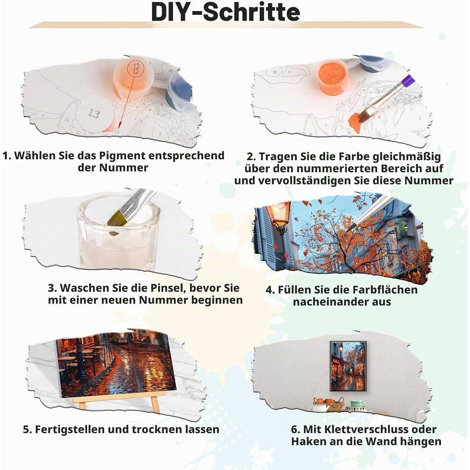 Deutsches DIY-Anleitung mit sechs Schritten: Wählen Sie Farben nach Nummern, malen Sie nummerierte Bereiche, waschen Sie Pinsel, füllen Sie Abschnitte, lassen Sie trocknen, dann hängen Sie mit Haken oder Klettband auf.