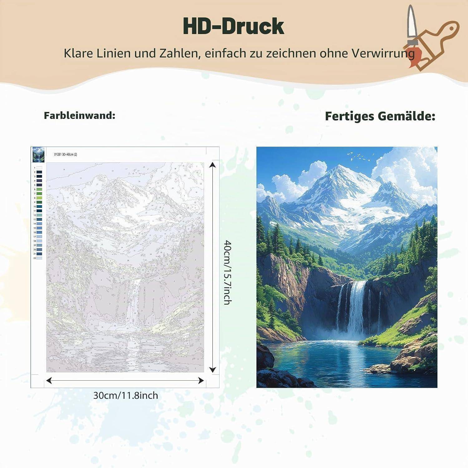 Deutsches Produktgrafik mit HD-Druck: Eine Malen-nach-Zahlen-Leinwand auf der linken Seite und das fertige Bergwasserfallgemälde auf der rechten Seite, Größe 30 cm x 40 cm.