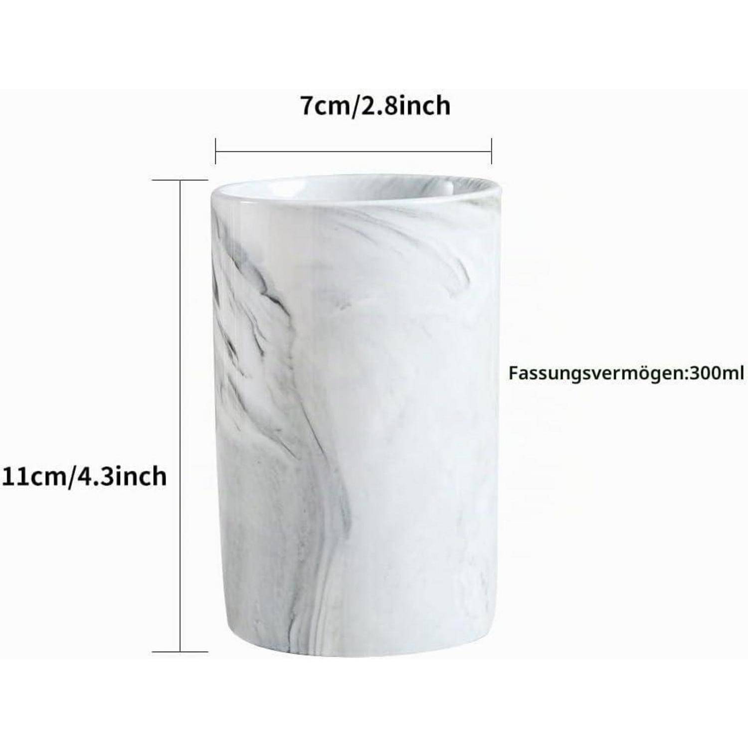 Zylinderförmiger Becher mit Marmormuster, 11 cm hoch und 7 cm breit, gekennzeichnet mit einer Kapazität von 300 ml.