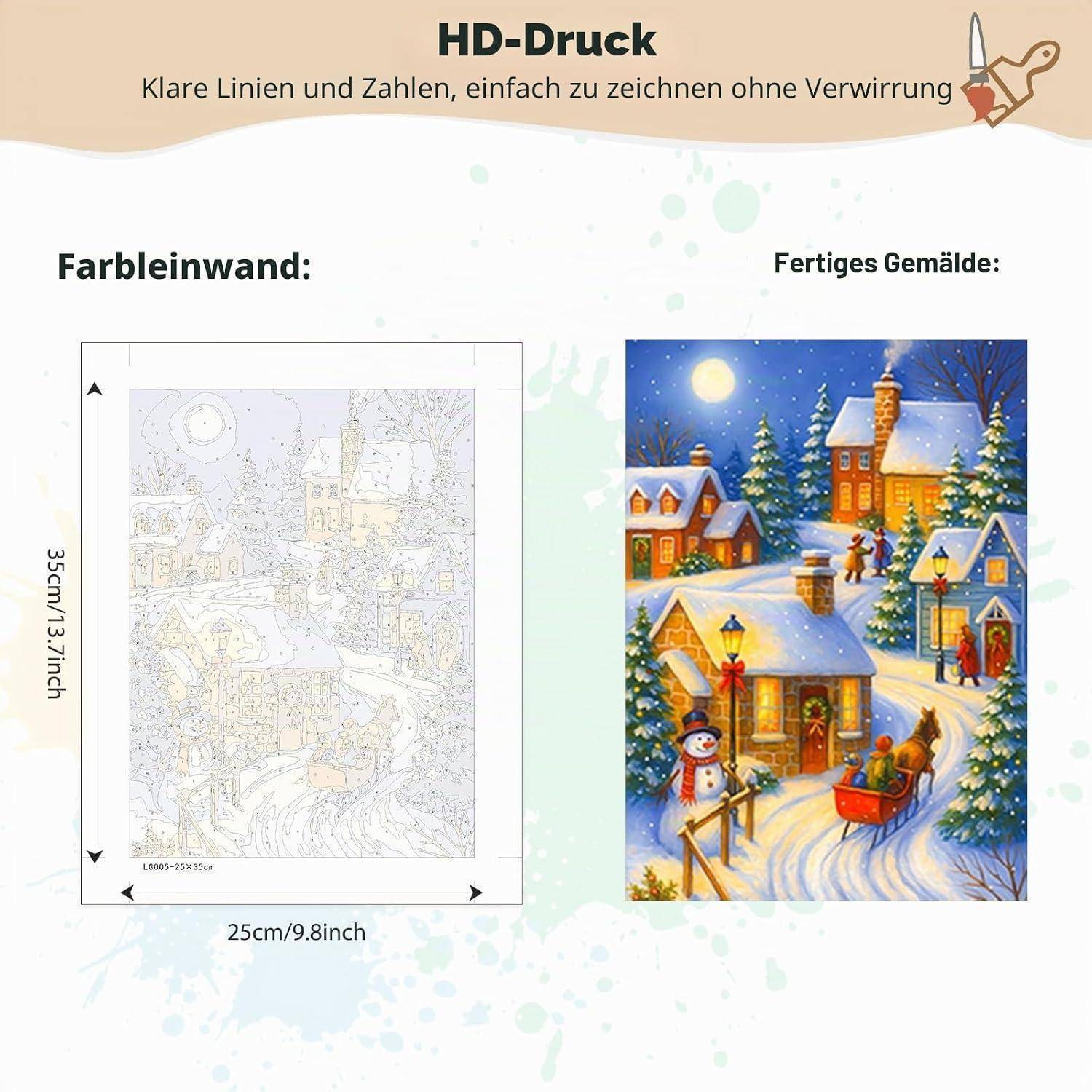 Werbebild, das auf der linken Seite eine HD-Druck-Malen-nach-Zahlen-Leinwand und auf der rechten Seite das fertige Winterdorf-Gemälde zeigt, mit den Abmessungen 25 cm mal 35 cm.