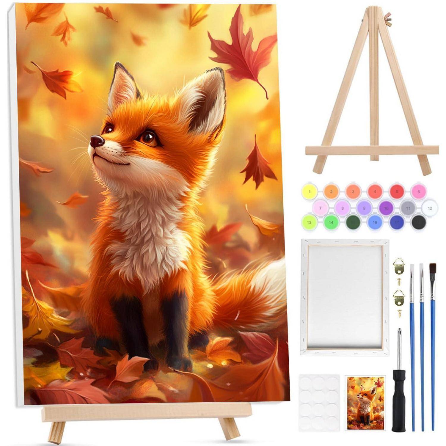 Malen-nach-Zahlen-Set mit einem Fuchs in einer Herbstszene auf einer Staffelei, mit Farben, Pinseln, Leinwand und enthaltenen Werkzeugen