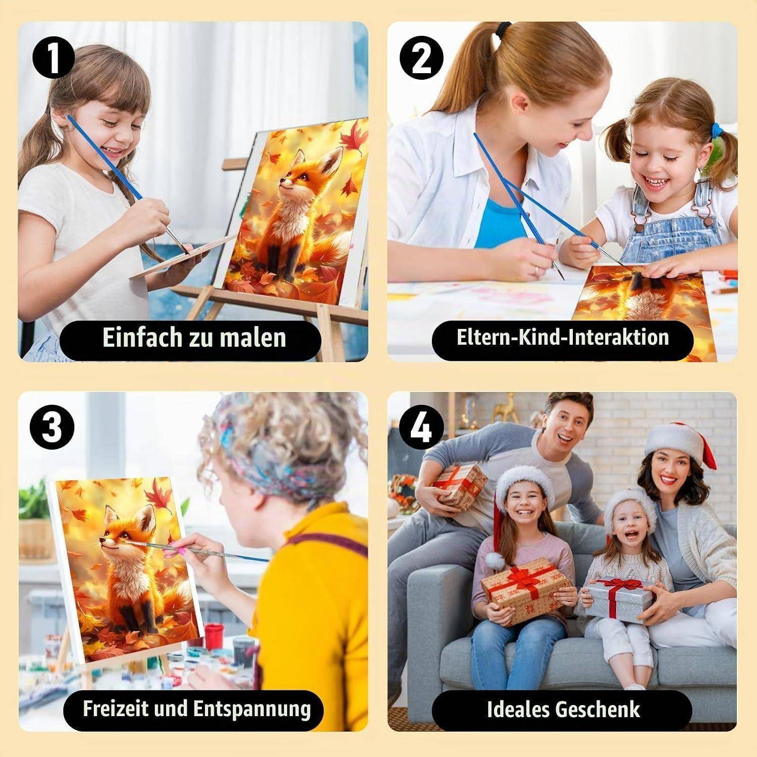 Vierertafel-Collage: Kind malt ein Fuchsbild, Mutter und Kind malen zusammen, Kind malt in der Freizeit, und eine lächelnde Familie hält eingewickelte Geschenke.