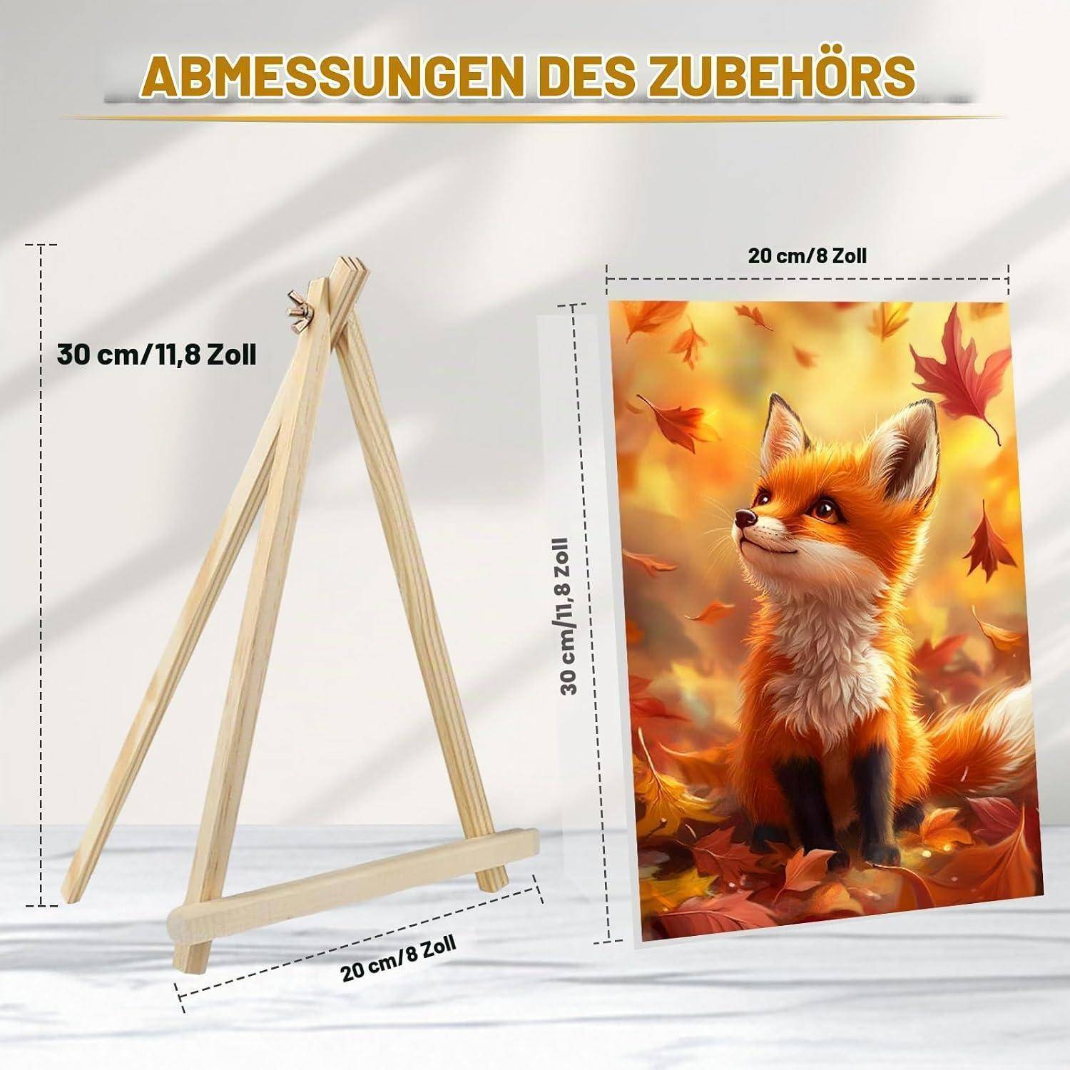 Das Abmessungsdiagramm zeigt eine Holzstaffelei und einen Leinwanddruck, beide 30 cm hoch und 20 cm breit (11,8 x 8 Zoll).