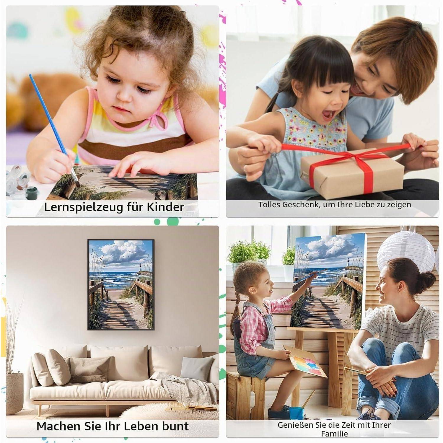 # Vierpanel-Werbekollage: Kinder malen und öffnen ein Geschenk, sowie ein gerahmtes Strandgemälde, das in einem Wohnzimmer ausgestellt ist; Deutsche Bildunterschriften werben für Lernspielzeuge für Kinder, Geschenke und farbenfrohe Wohndekoration.