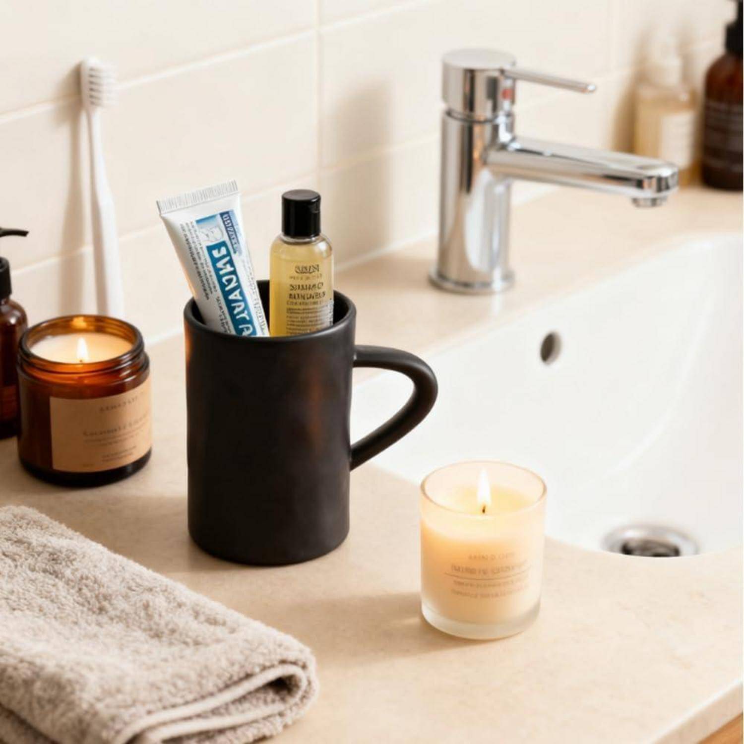 Badezimmerwaschtisch mit Kerzen, eine Tasse mit Zahnpasta und Lotion, und ein gefaltetes Handtuch neben einem verchromten Wasserhahn.