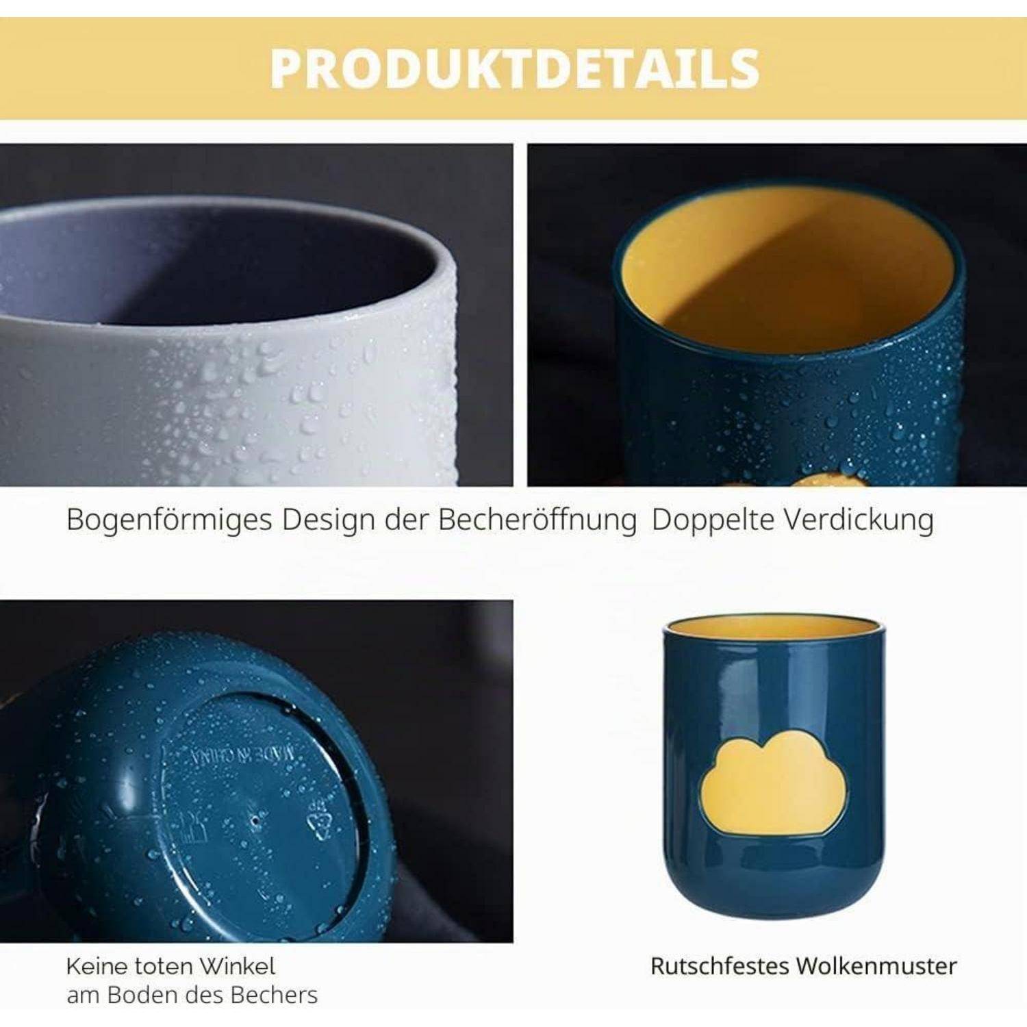 Produktdetails für eine blaue Tasse mit gelbem Innenraum, die eine gekrümmte Kante, doppelte Wandstärke, keine toten Ecken am Boden und ein rutschfestes Wolkenmuster aufweist.
