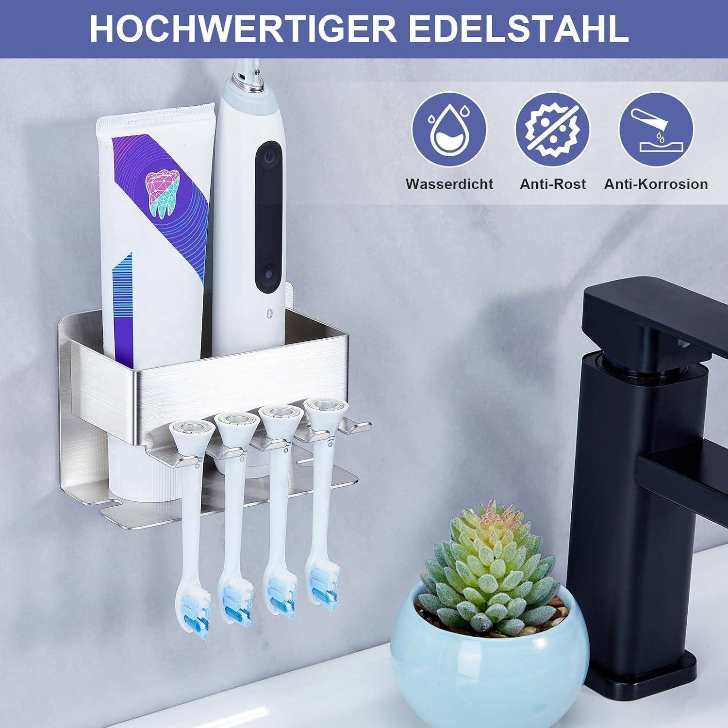 Organizer für das Badezimmer aus Edelstahl, der Zahnpasta, elektrische Zahnbürsten und Rasierklingen hält, mit Symbolen für Wasserdichtheit, Rostbeständigkeit und Korrosionsschutz.