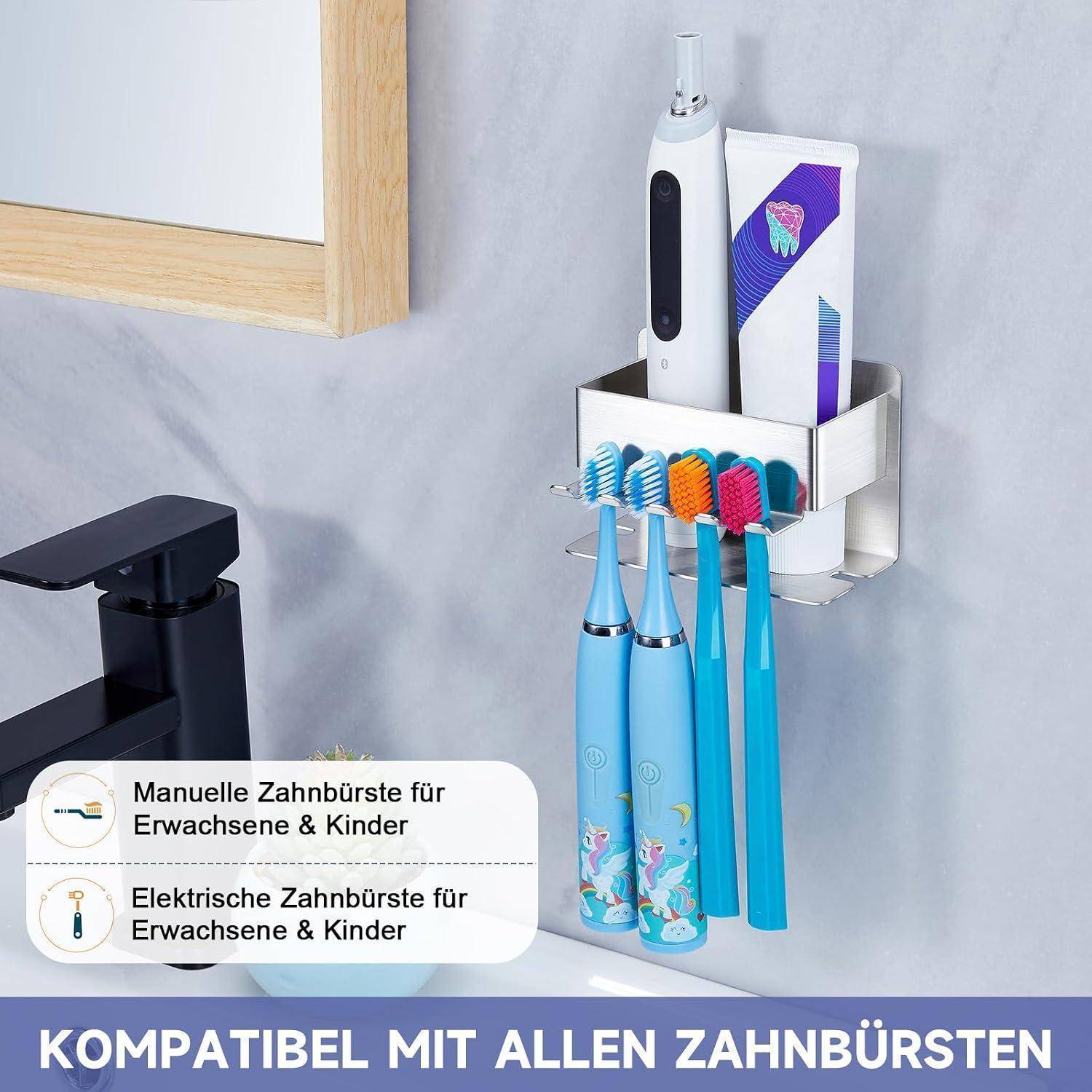 Wandhalter für das Badezimmer zur Aufbewahrung von elektrischen und manuellen Zahnbürsten, mit deutschem Text „KOMPATIBEL MIT ALLEN ZAHNBÜRSTEN".
