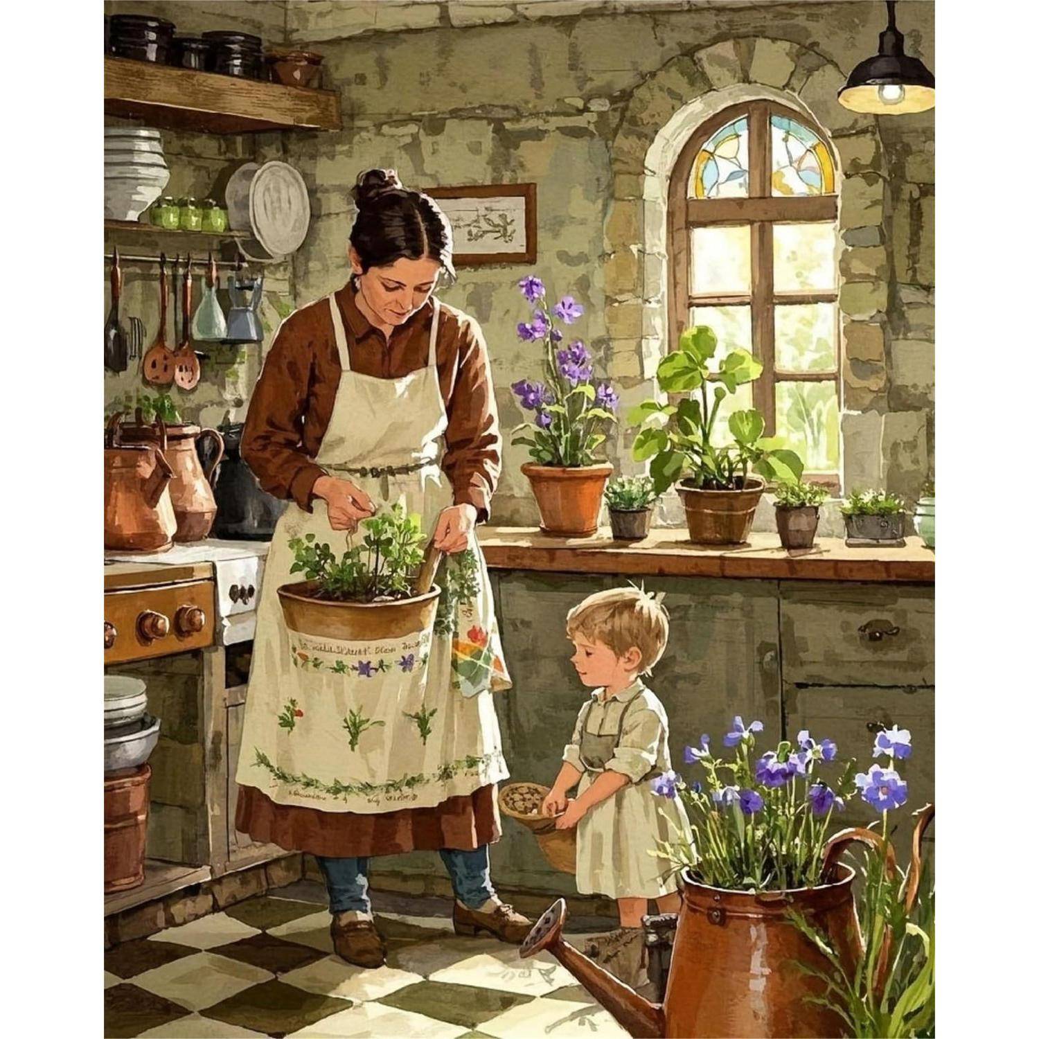 Frau im Garten einer rustikalen Küche, während ein kleines Kind zuschaut, mit Topfpflanzen auf der Fensterbank und einer Gießkanne im Vordergrund.