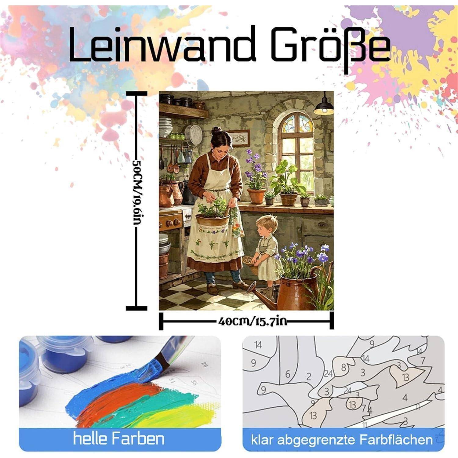 Produktbild mit Leinwandgröße 50 cm x 40 cm, zeigt ein Gemälde einer Frau und eines Kindes in einem Zimmer, plus Notizen „helle Farben